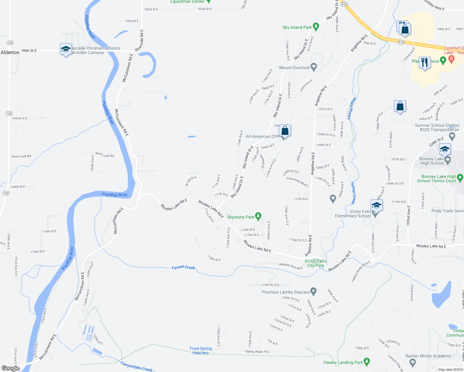 map of restaurants, bars, coffee shops, grocery stores, and more near 10907 174th Avenue East in Bonney Lake