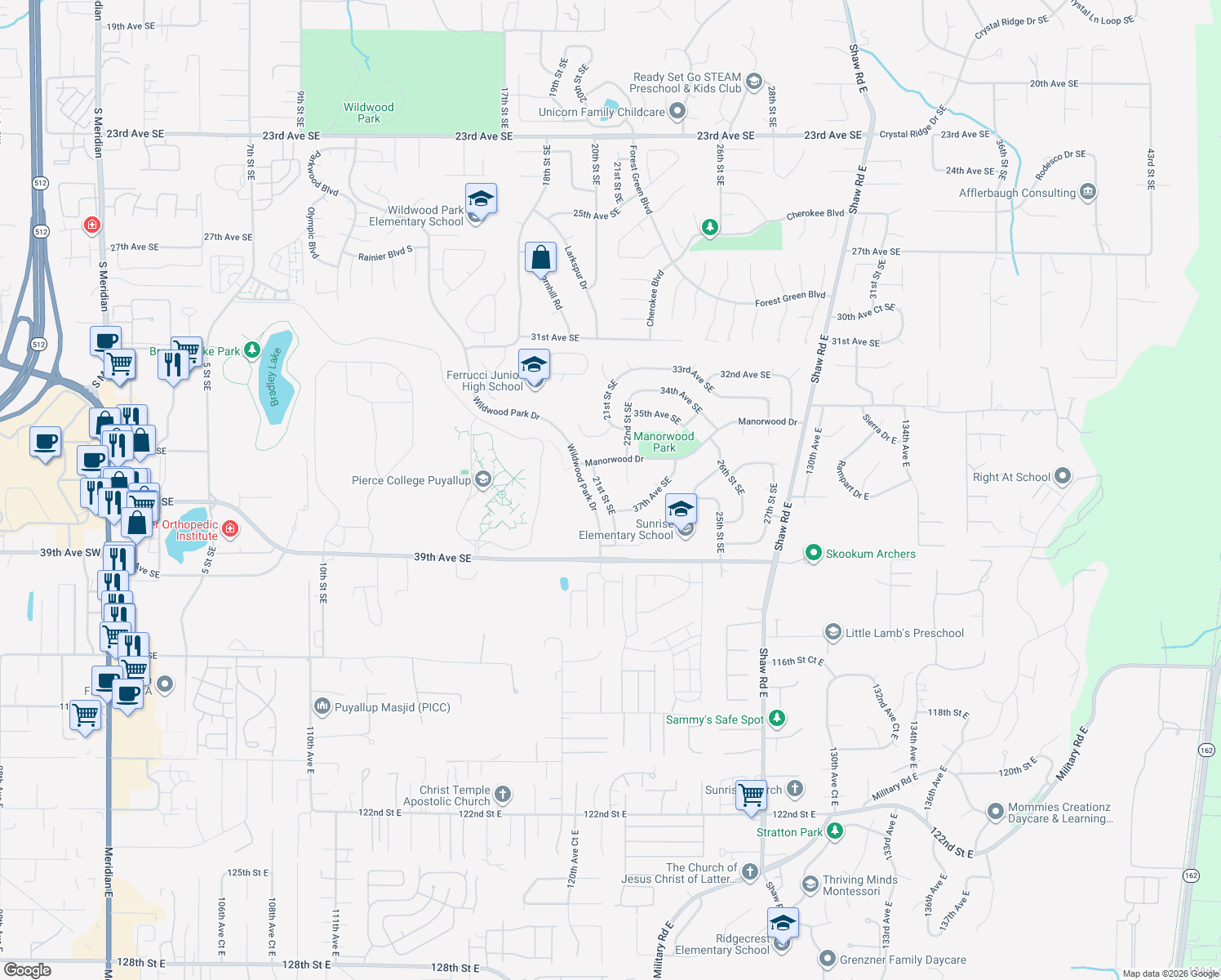 map of restaurants, bars, coffee shops, grocery stores, and more near 3609 21st Street Southeast in Puyallup