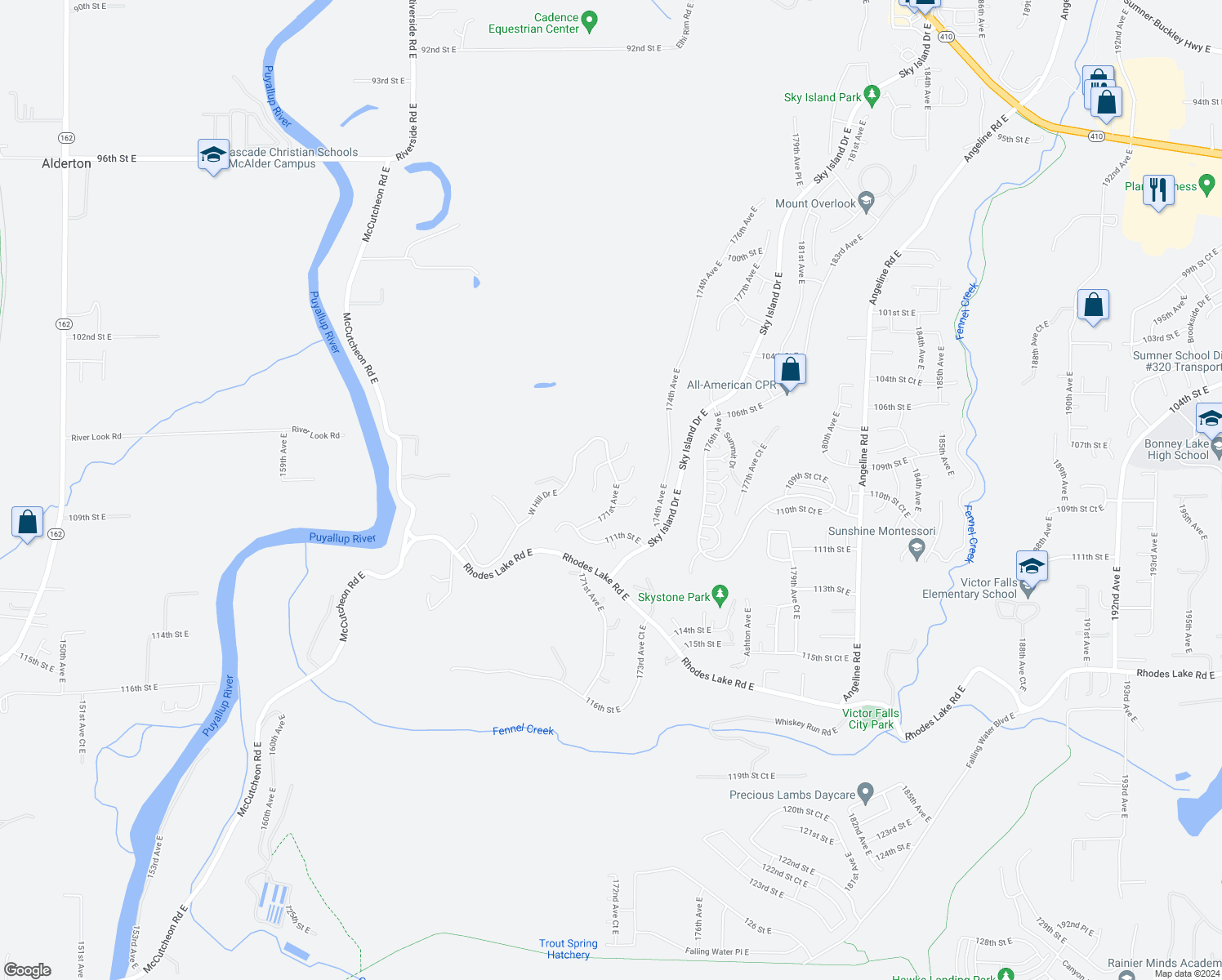 map of restaurants, bars, coffee shops, grocery stores, and more near 10803 171st Avenue East in Lake Tapps