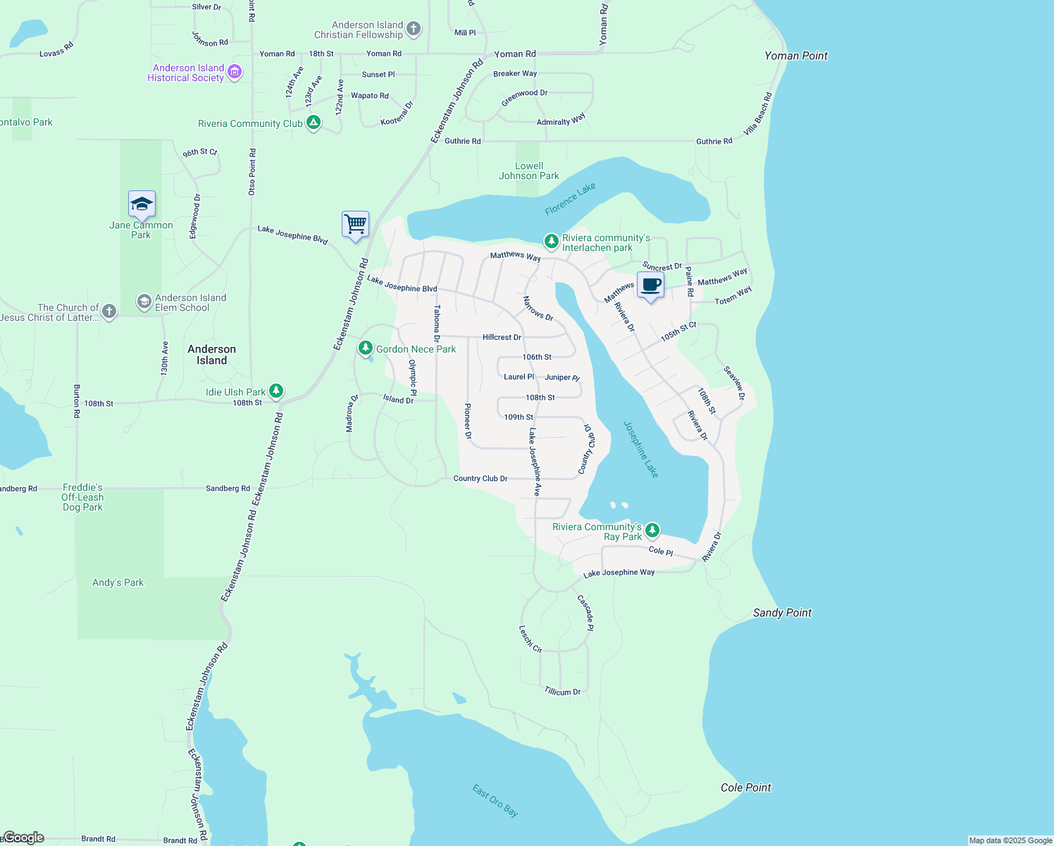 map of restaurants, bars, coffee shops, grocery stores, and more near 11312 109th Street in Anderson Island