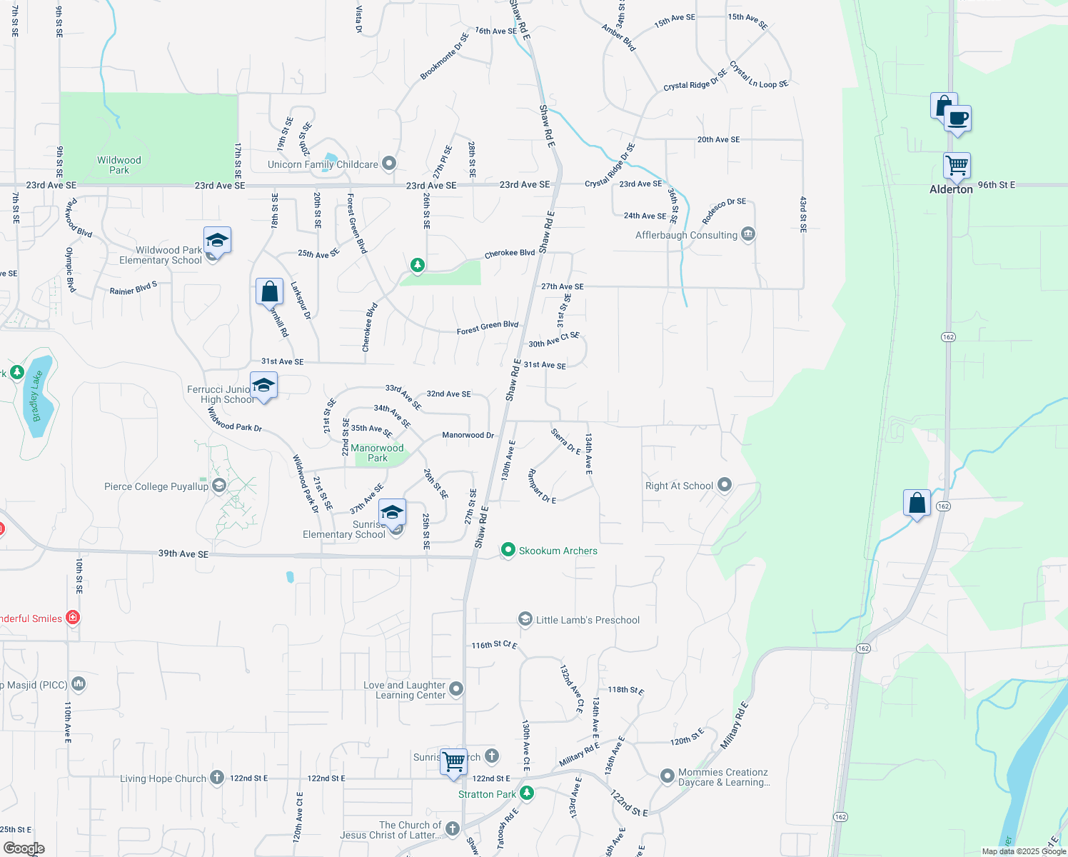 map of restaurants, bars, coffee shops, grocery stores, and more near 13019 107th Street East in Puyallup