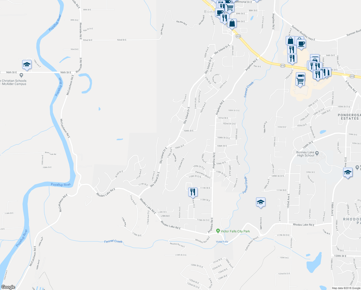map of restaurants, bars, coffee shops, grocery stores, and more near 17704 106th Street East in Bonney Lake