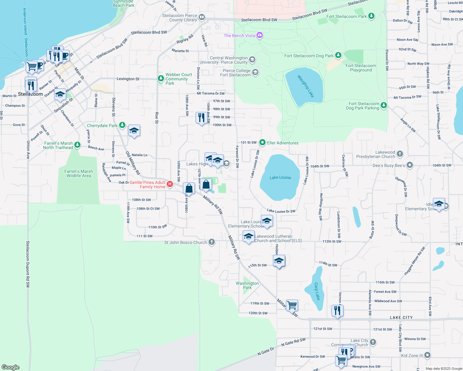 map of restaurants, bars, coffee shops, grocery stores, and more near 10313 107th Street Southwest in Lakewood