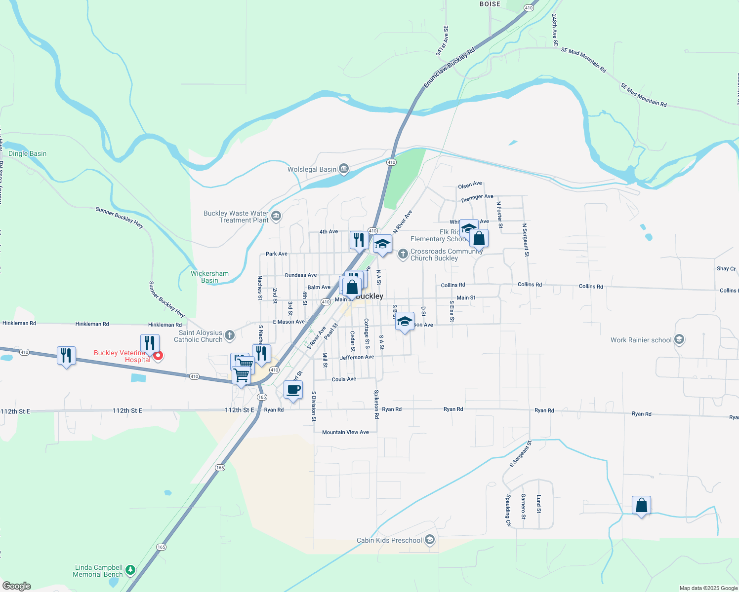 map of restaurants, bars, coffee shops, grocery stores, and more near 840 Main Street in Buckley
