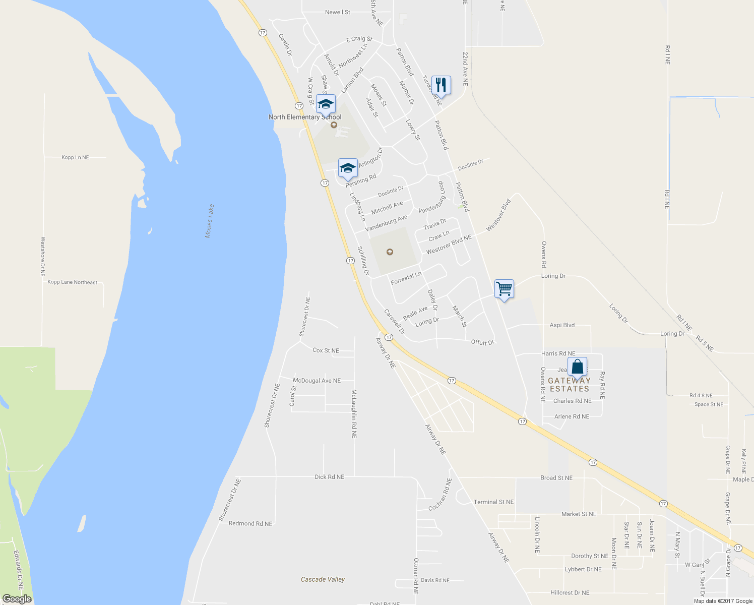 map of restaurants, bars, coffee shops, grocery stores, and more near 155 Carswell Dr in Moses Lake