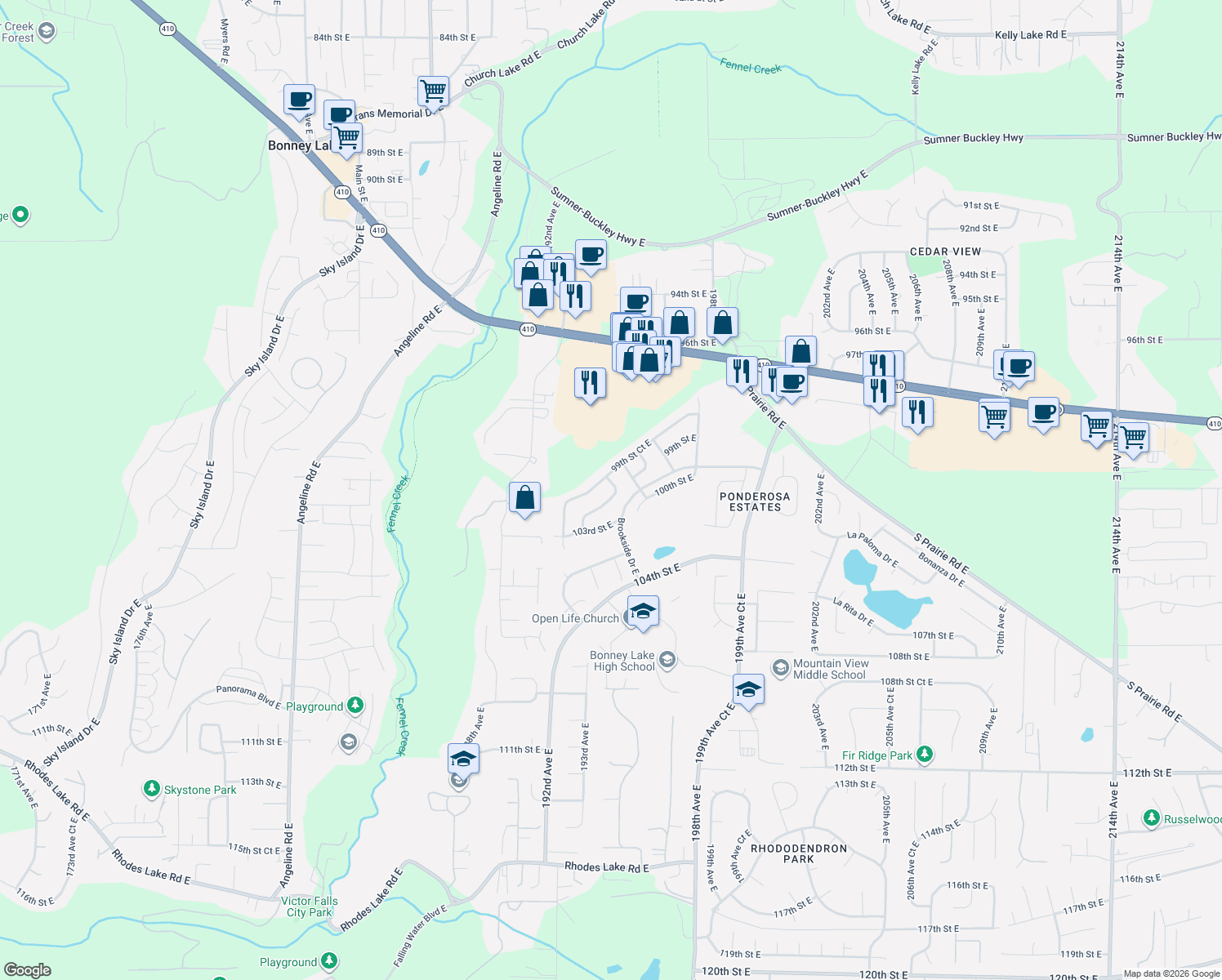 map of restaurants, bars, coffee shops, grocery stores, and more near 9907 195th Avenue East in Bonney Lake