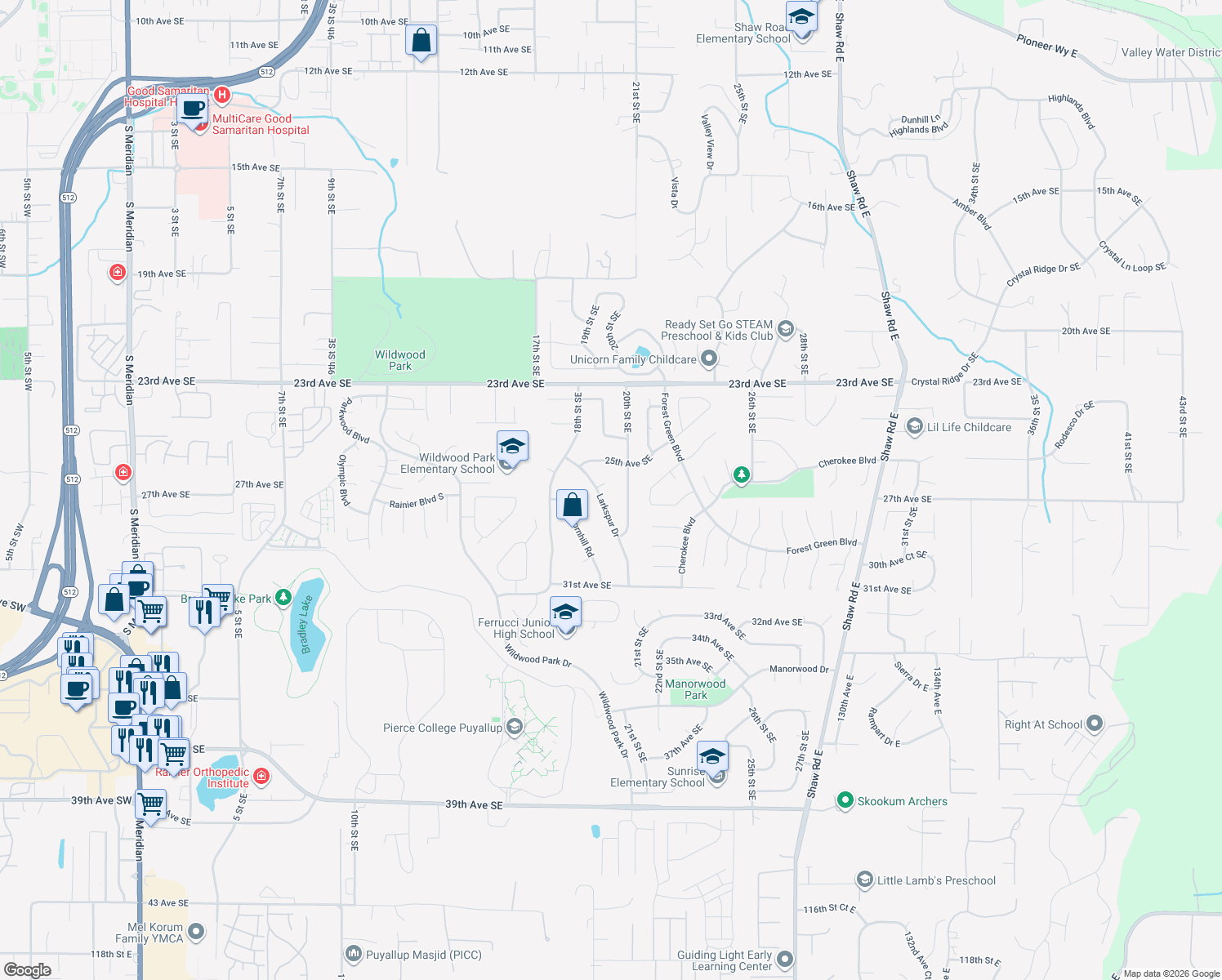 map of restaurants, bars, coffee shops, grocery stores, and more near 1810 Larkspur Court Southeast in Puyallup