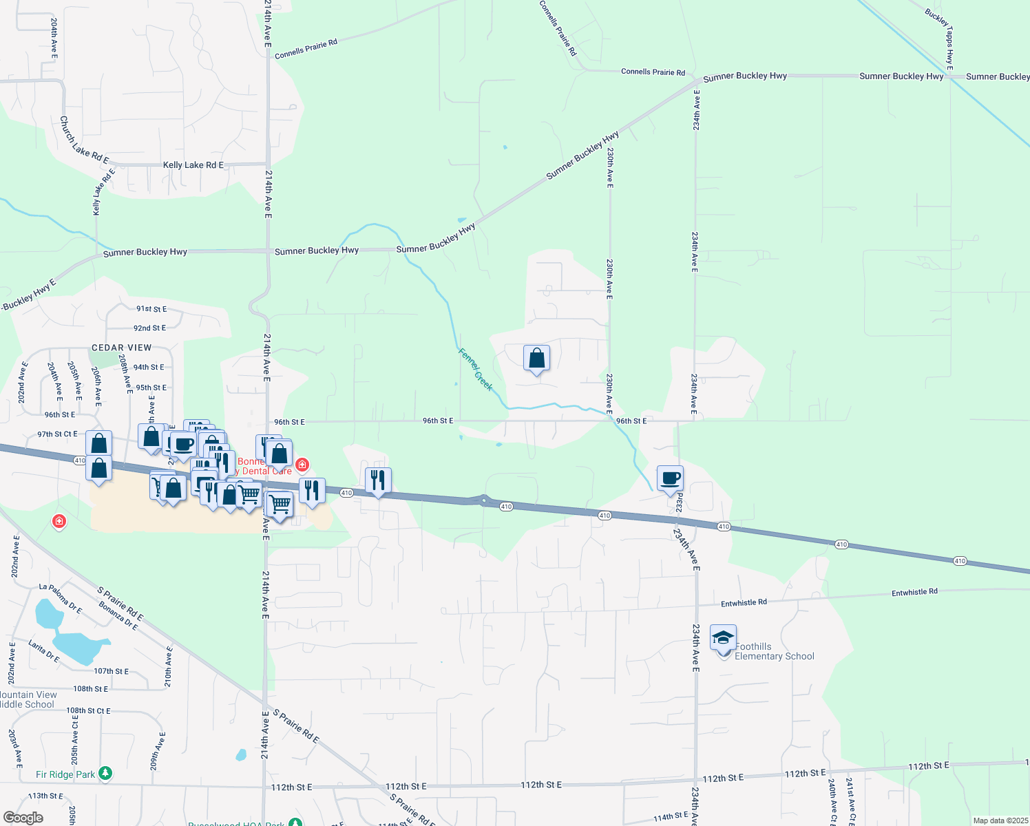 map of restaurants, bars, coffee shops, grocery stores, and more near 22519 96th Street East in Buckley