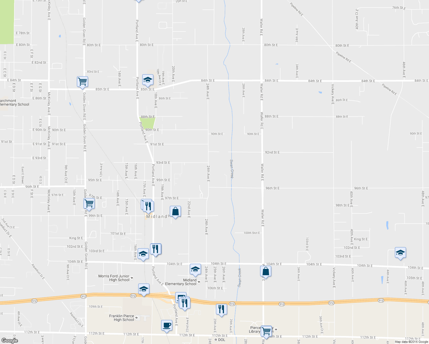 map of restaurants, bars, coffee shops, grocery stores, and more near 9403 24th Avenue East in Tacoma