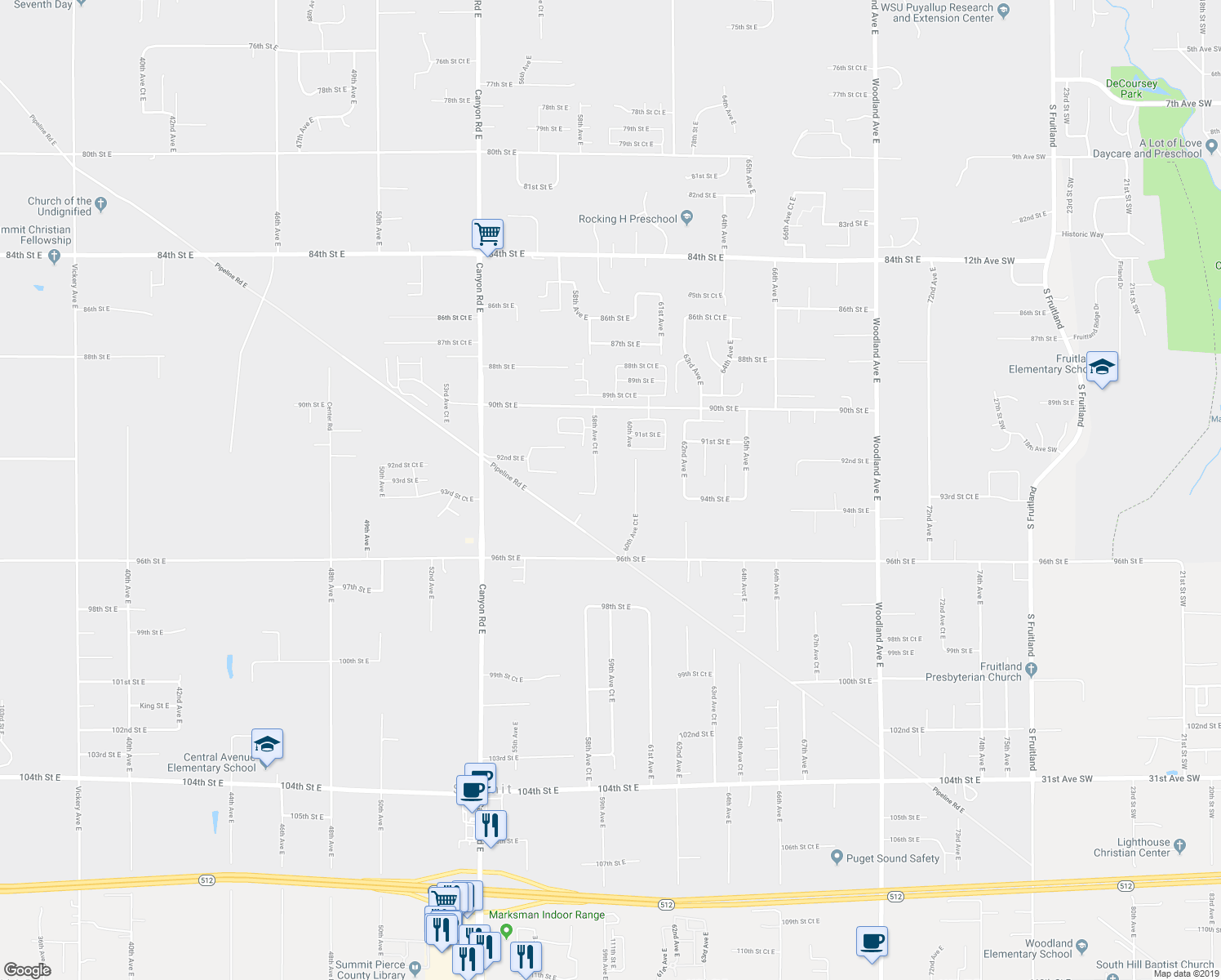 map of restaurants, bars, coffee shops, grocery stores, and more near 9317 58th Avenue Court East in Puyallup