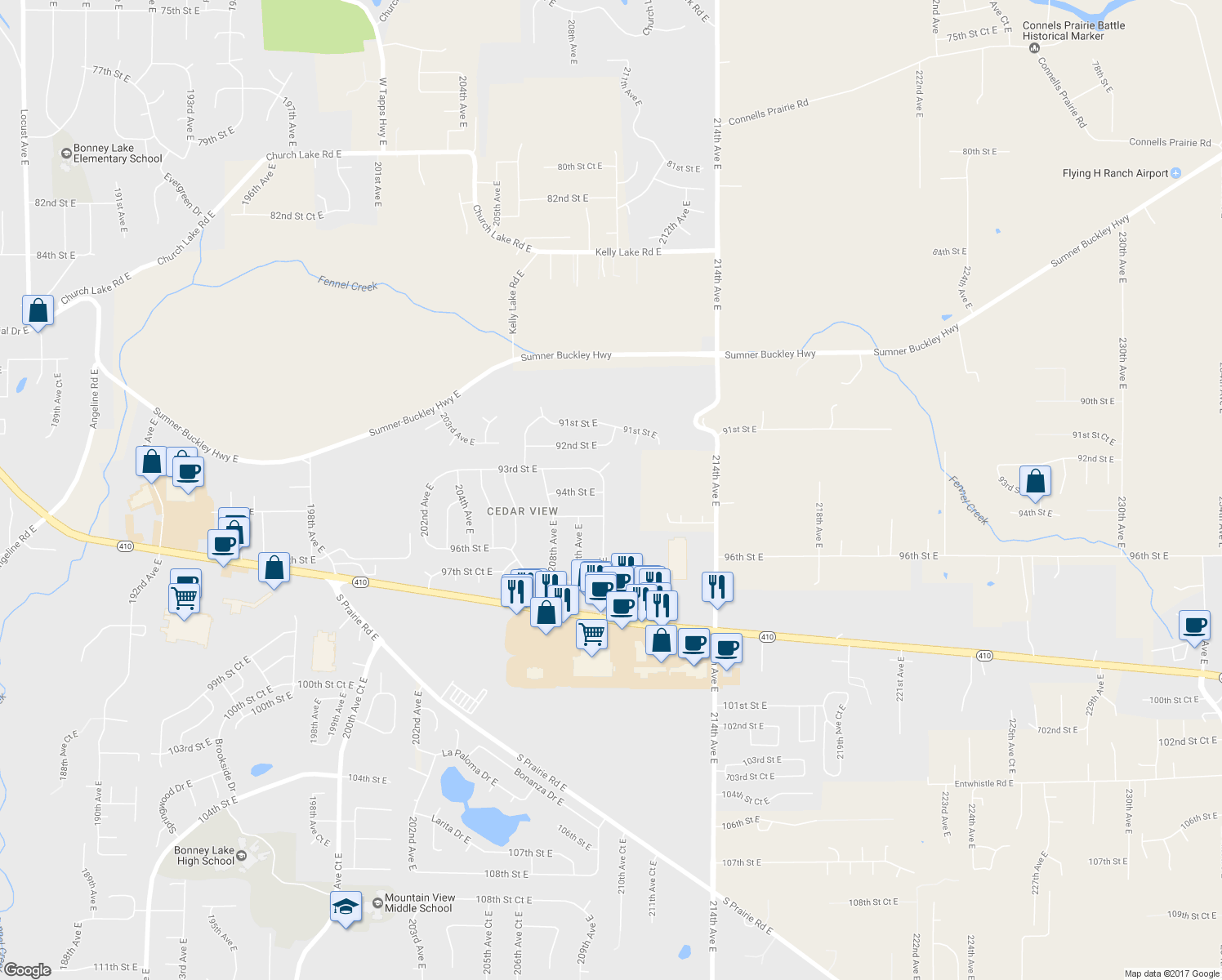 map of restaurants, bars, coffee shops, grocery stores, and more near 9310 210th Avenue East in Bonney Lake