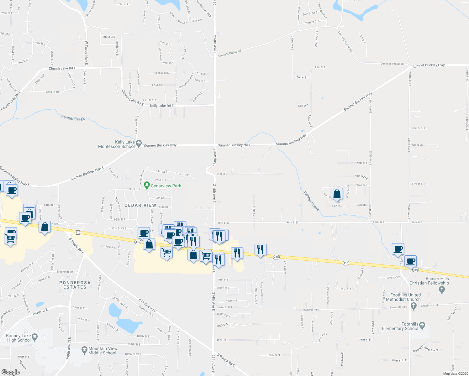 map of restaurants, bars, coffee shops, grocery stores, and more near 9215 214th Avenue East in Bonney Lake