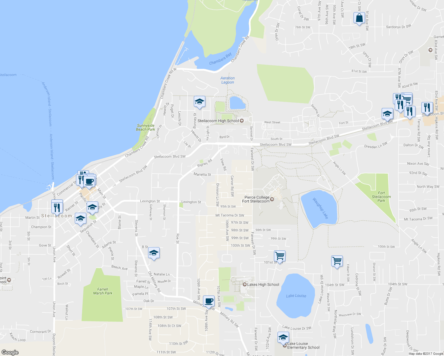map of restaurants, bars, coffee shops, grocery stores, and more near 10612 Marietta Street in Tacoma