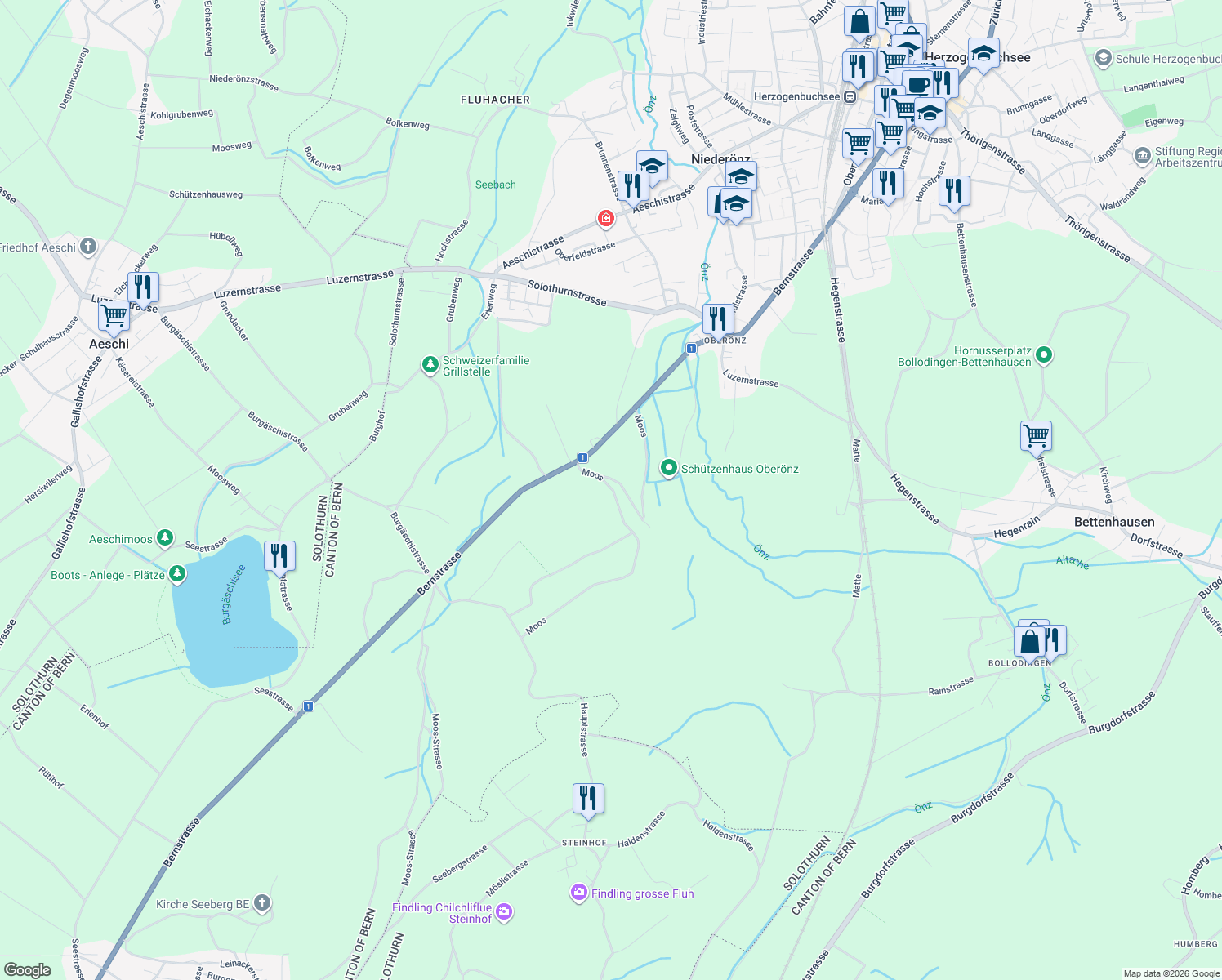 map of restaurants, bars, coffee shops, grocery stores, and more near in Herzogenbuchsee