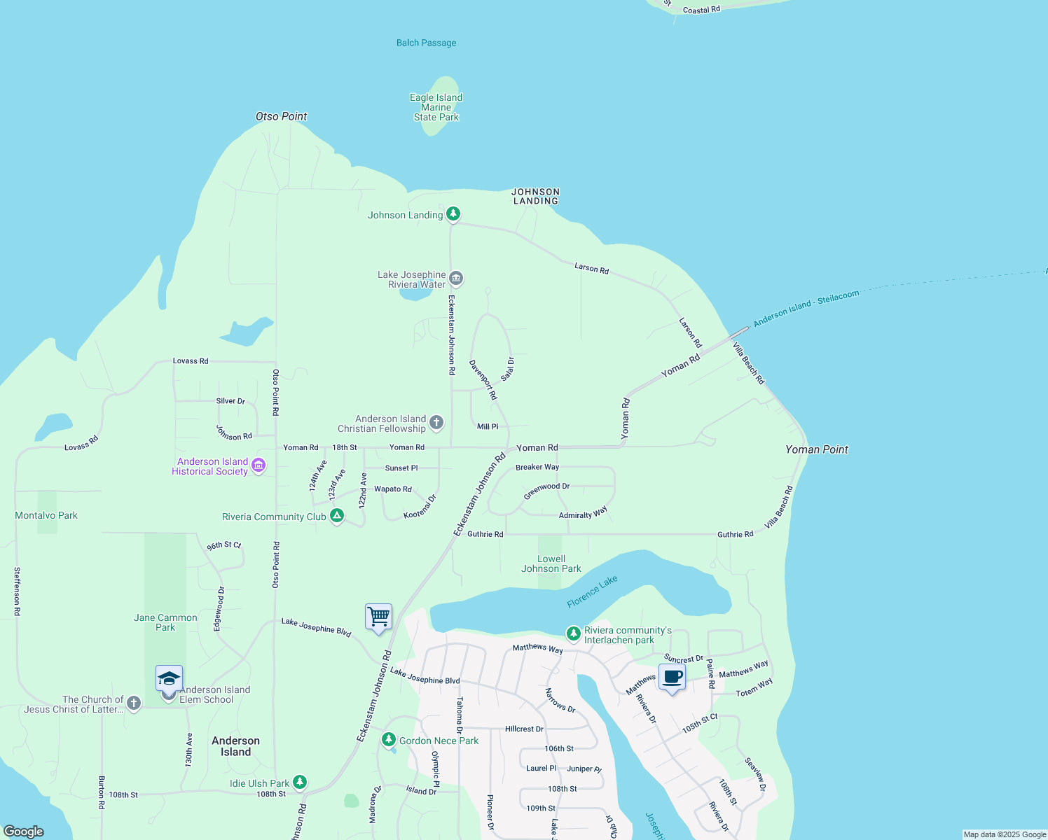 map of restaurants, bars, coffee shops, grocery stores, and more near 11415 Mill Place in Anderson Island