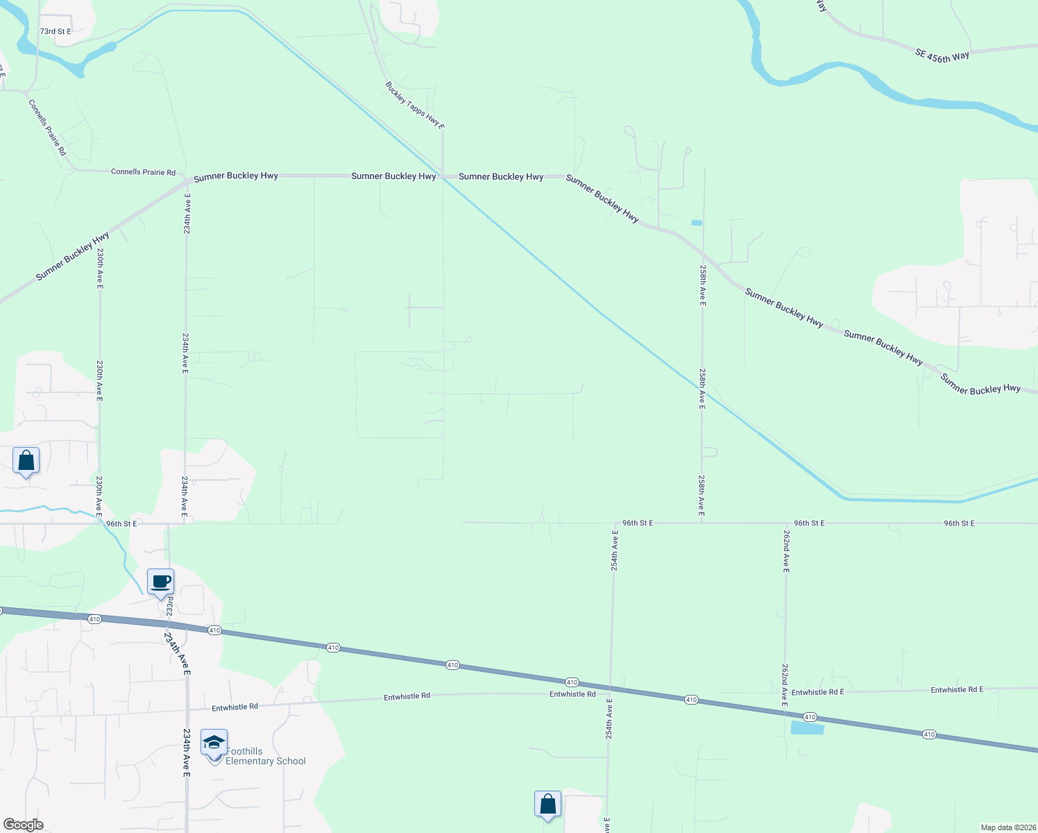 map of restaurants, bars, coffee shops, grocery stores, and more near 24912 90th Street East in Buckley