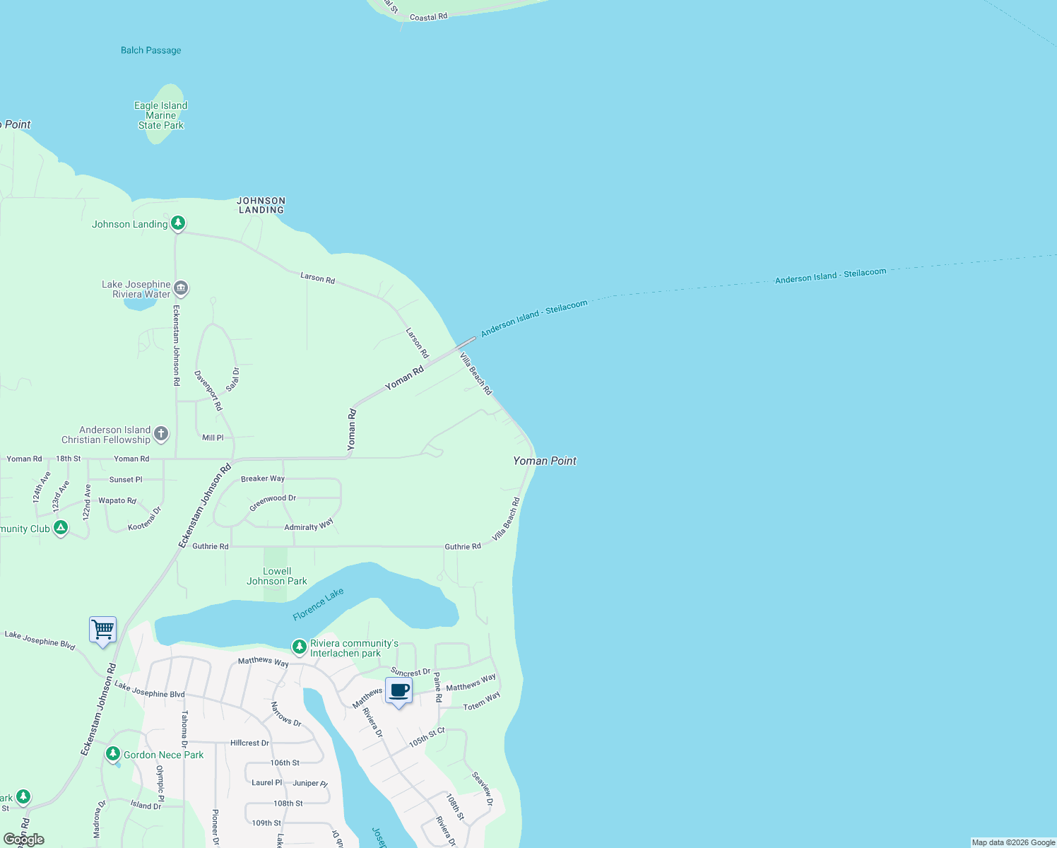 map of restaurants, bars, coffee shops, grocery stores, and more near 9022 Villa Beach Road in Anderson Island