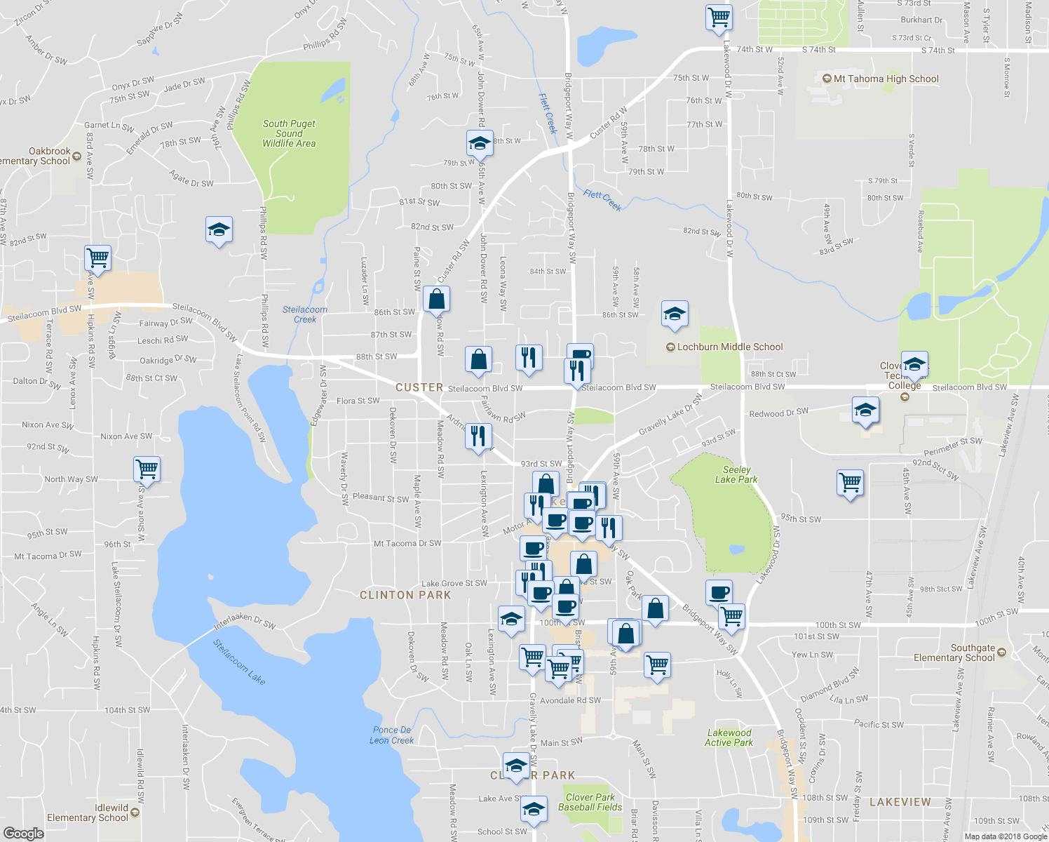 map of restaurants, bars, coffee shops, grocery stores, and more near 6156 Fairlawn Road Southwest in Tacoma
