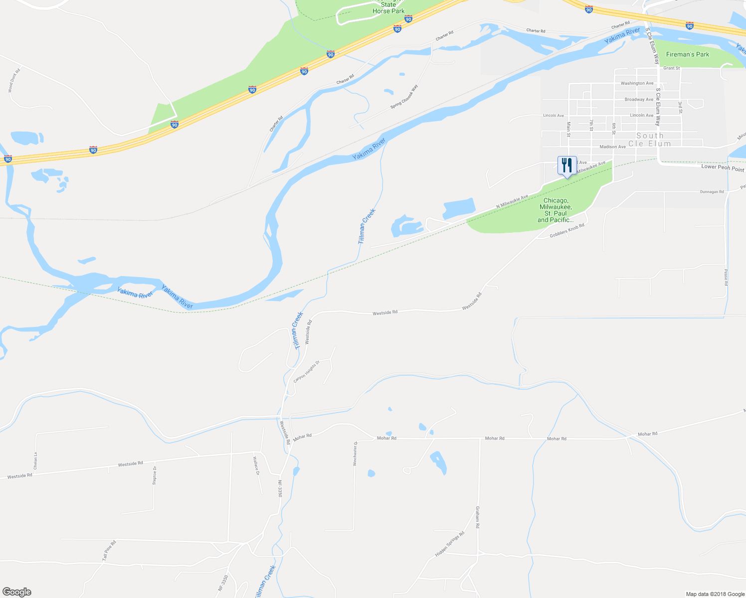 map of restaurants, bars, coffee shops, grocery stores, and more near 1801 Westside Road in Cle Elum