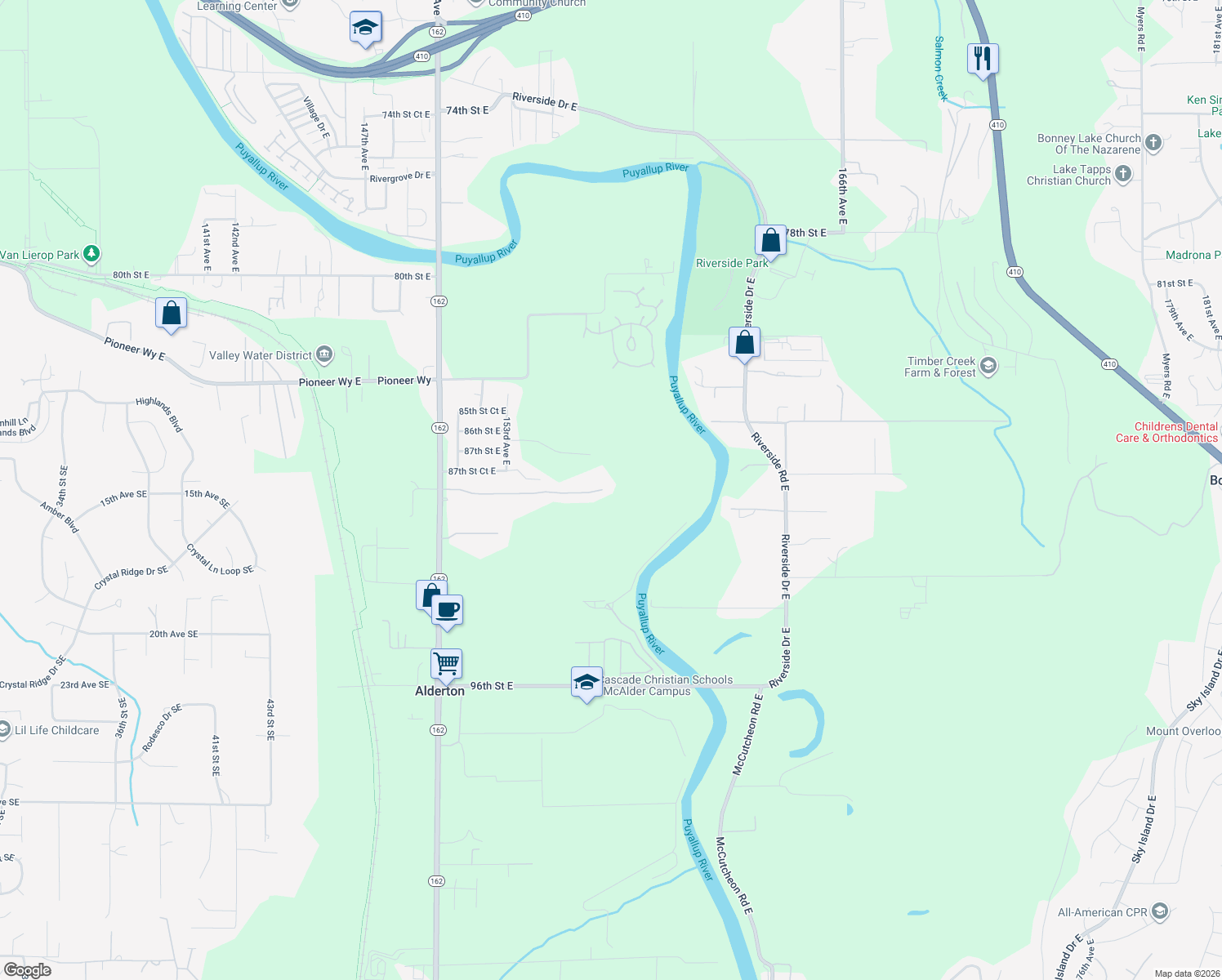 map of restaurants, bars, coffee shops, grocery stores, and more near 15608 88th Street East in Puyallup