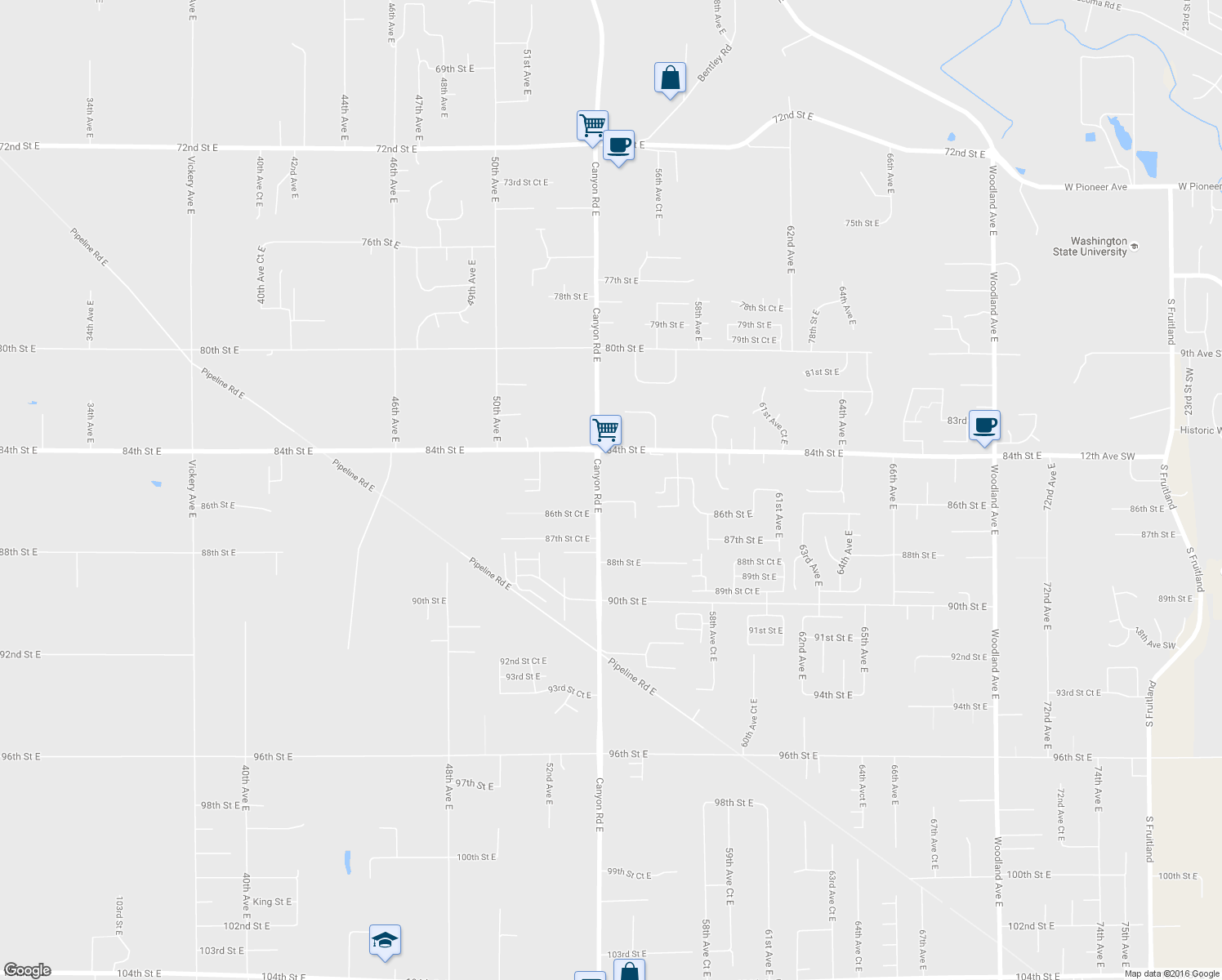 map of restaurants, bars, coffee shops, grocery stores, and more near 8511 Canyon Rd E in Puyallup