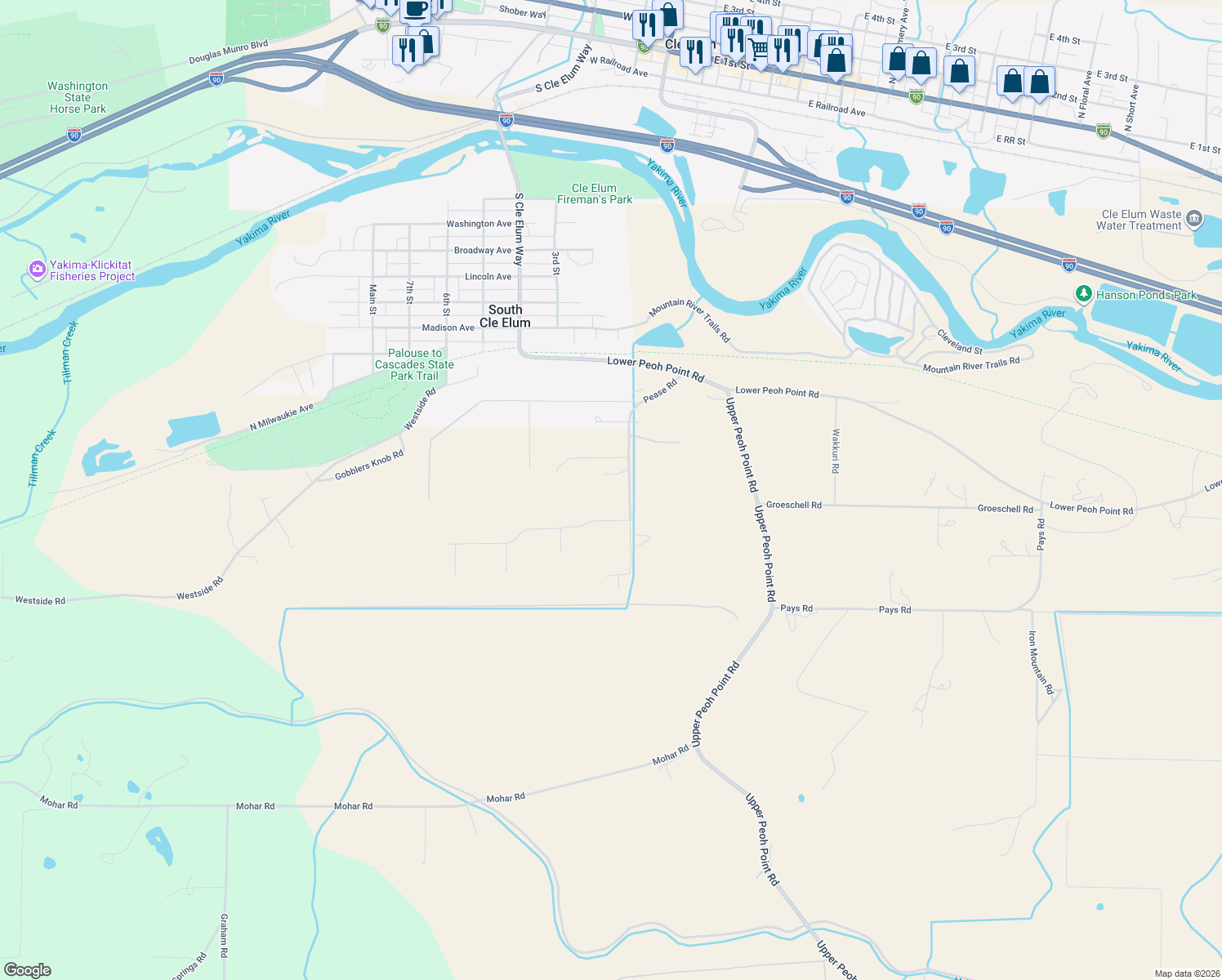 map of restaurants, bars, coffee shops, grocery stores, and more near 571 Pease Road in Cle Elum