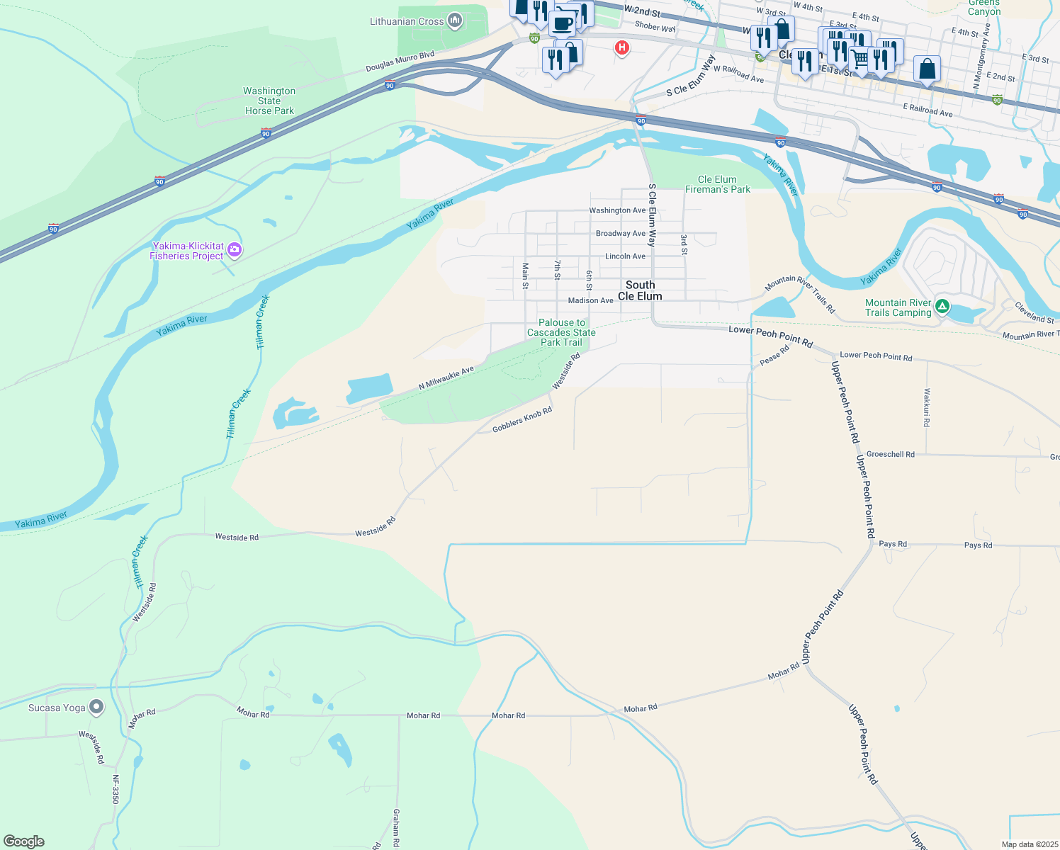 map of restaurants, bars, coffee shops, grocery stores, and more near 230 Gobblers Knob Road in Cle Elum
