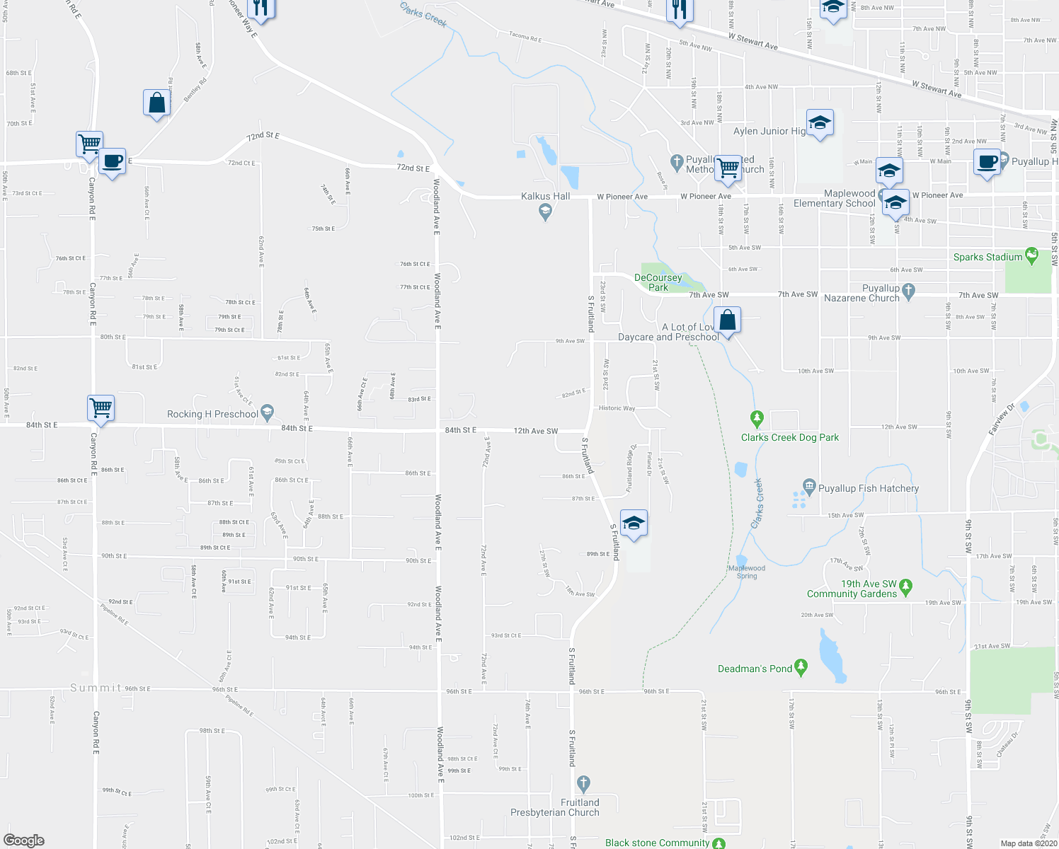 map of restaurants, bars, coffee shops, grocery stores, and more near 2715 12th Avenue Southwest in Puyallup