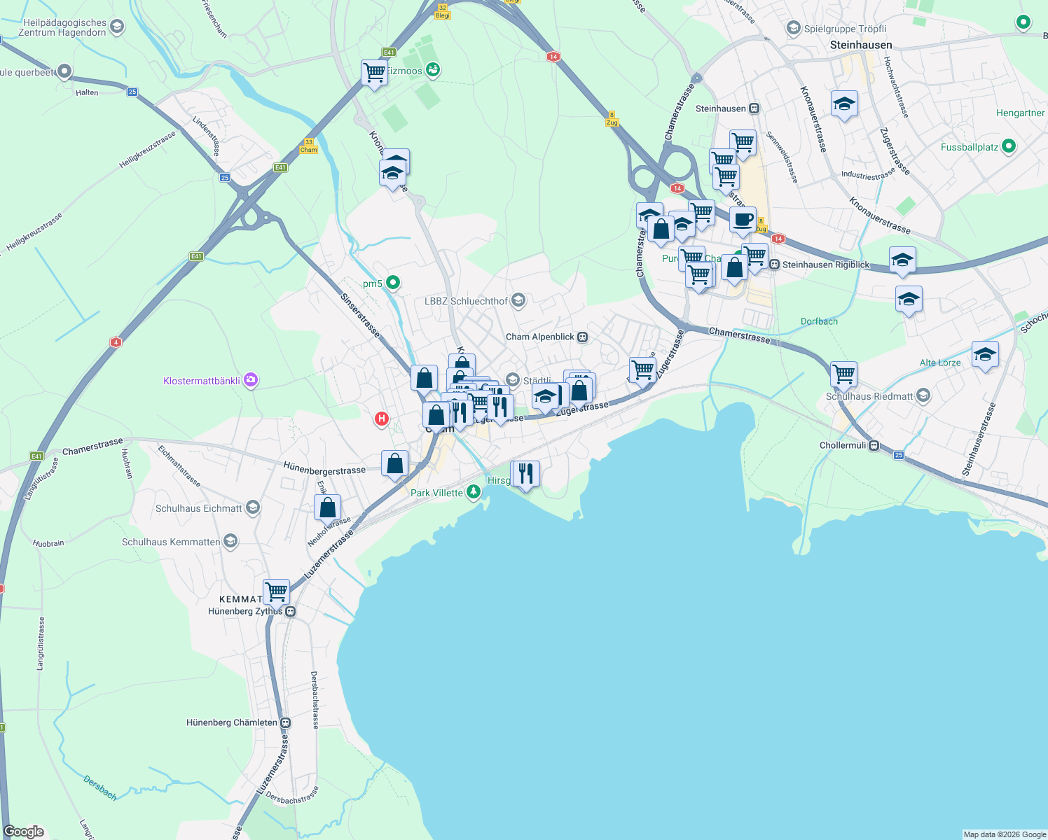 map of restaurants, bars, coffee shops, grocery stores, and more near 40 25 in Cham