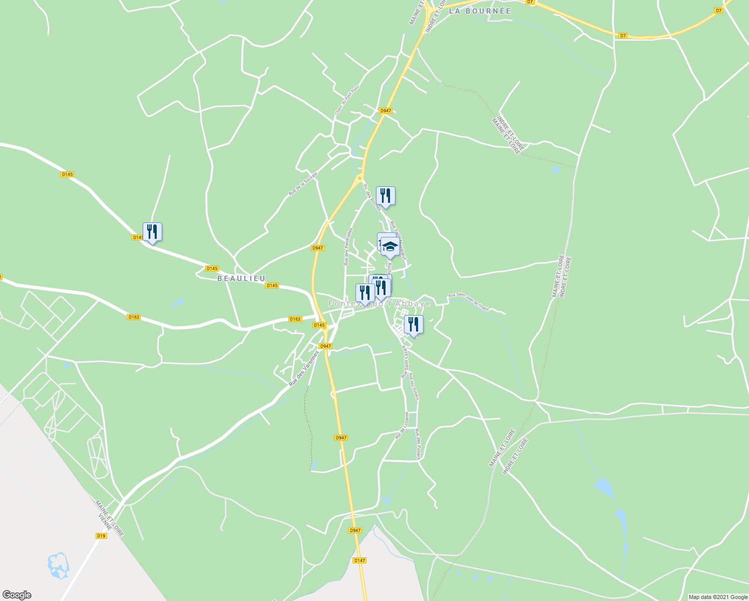 map of restaurants, bars, coffee shops, grocery stores, and more near 8 Rue Robert d'Arbrissel in Fontevraud-l'Abbaye