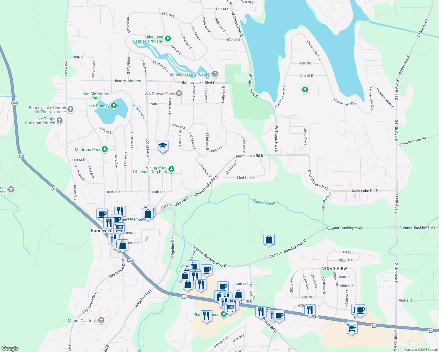map of restaurants, bars, coffee shops, grocery stores, and more near 19503 82nd Street Court East in Sumner