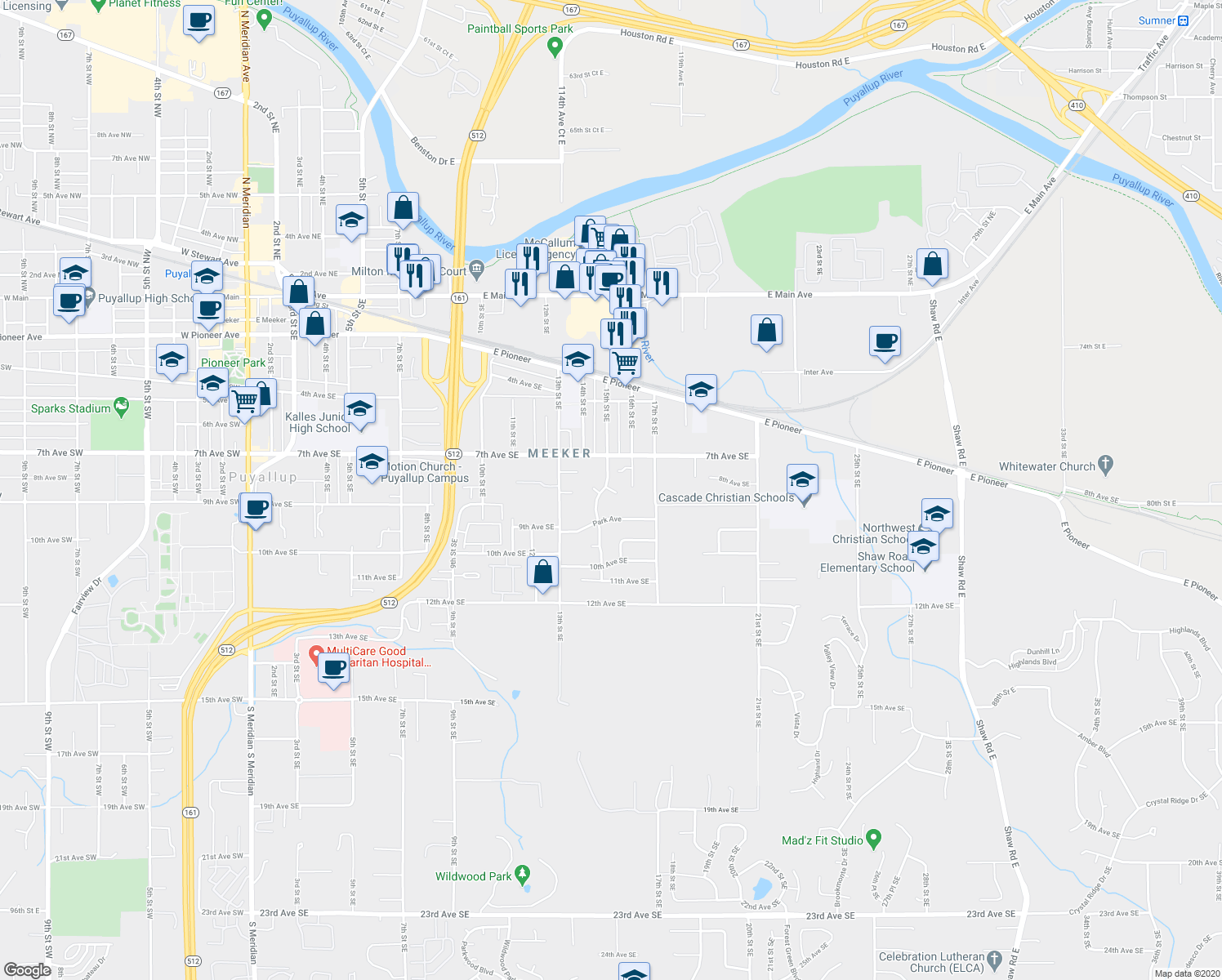 map of restaurants, bars, coffee shops, grocery stores, and more near 8th Avenue Court Southeast in Puyallup