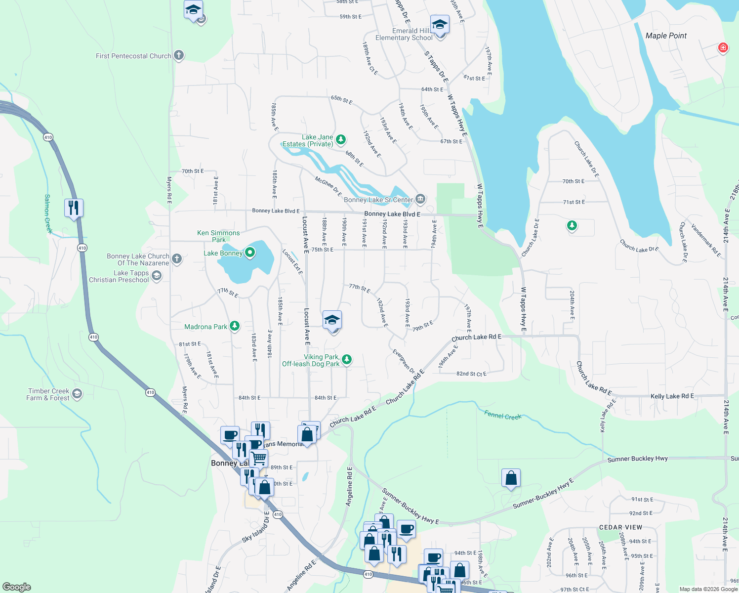 map of restaurants, bars, coffee shops, grocery stores, and more near 19103 77th Street East in Bonney Lake