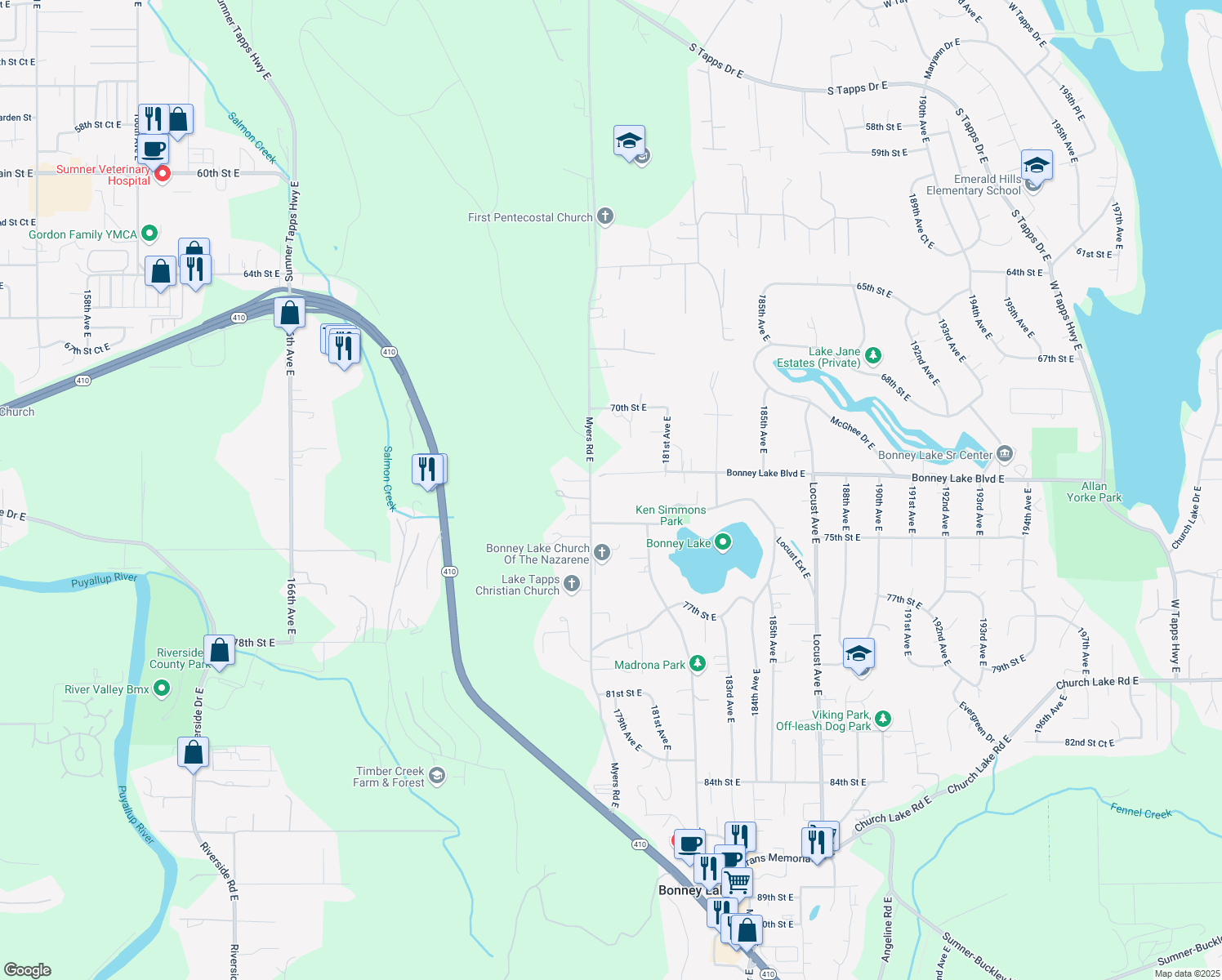 map of restaurants, bars, coffee shops, grocery stores, and more near 17803 Bonney Lake Boulevard East in Bonney Lake
