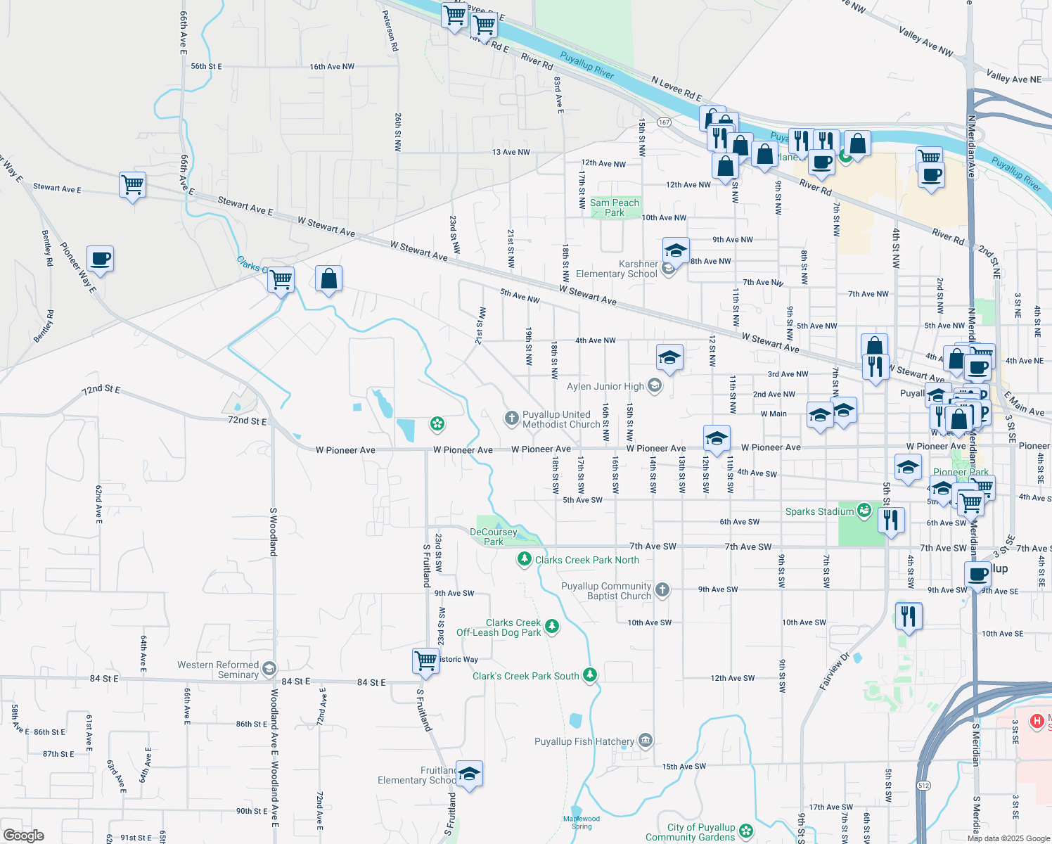 map of restaurants, bars, coffee shops, grocery stores, and more near 117 McElroy Place in Puyallup