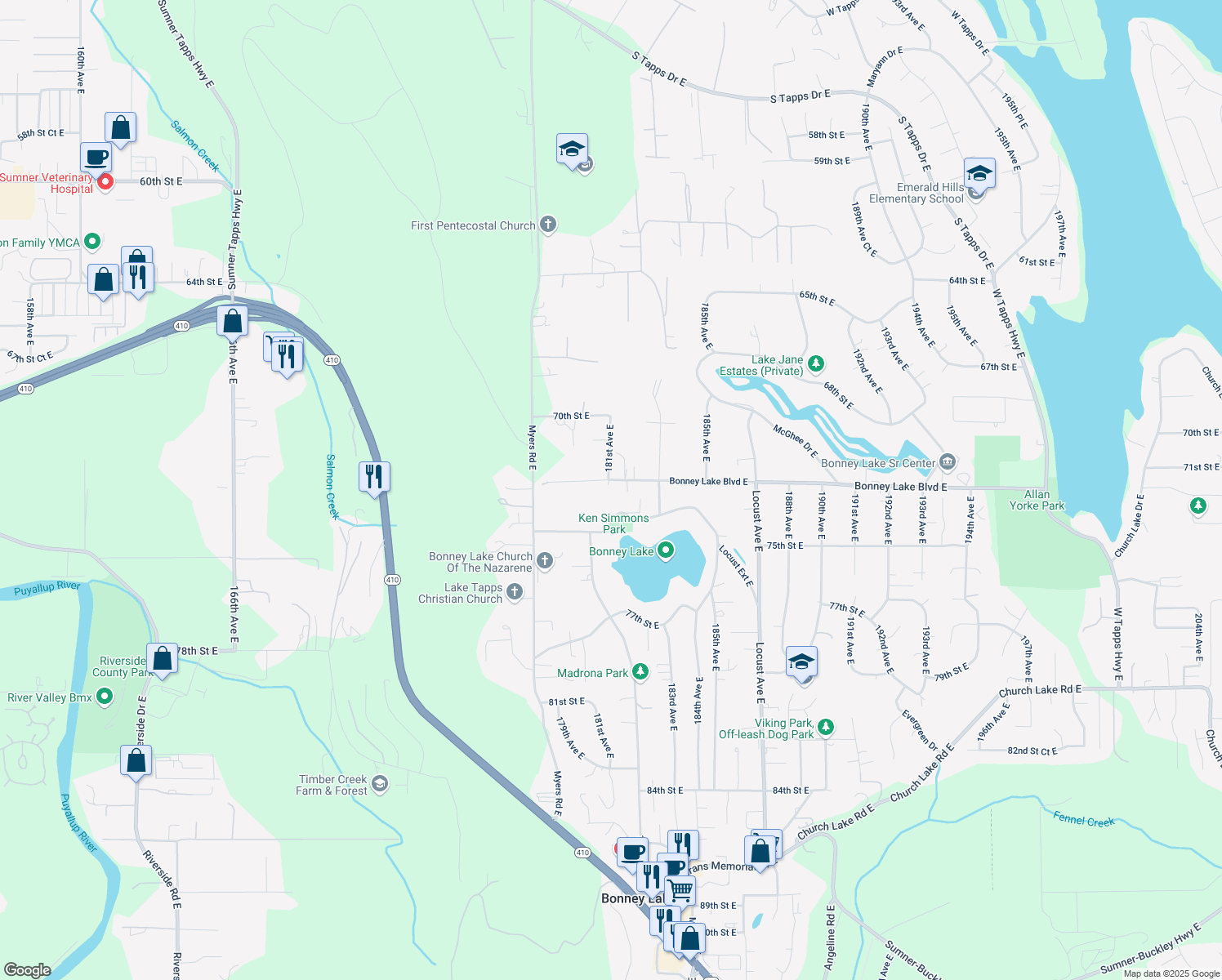 map of restaurants, bars, coffee shops, grocery stores, and more near 18101 Bonney Lake Blvd E in Bonney Lake