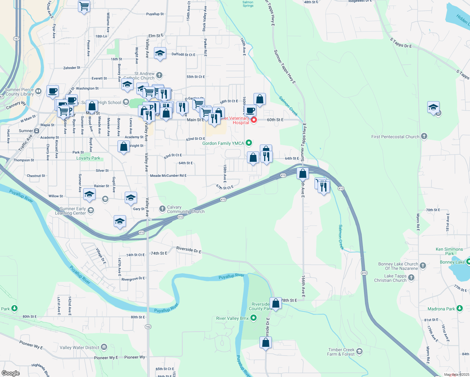 map of restaurants, bars, coffee shops, grocery stores, and more near 15900 67th Street Court East in Sumner