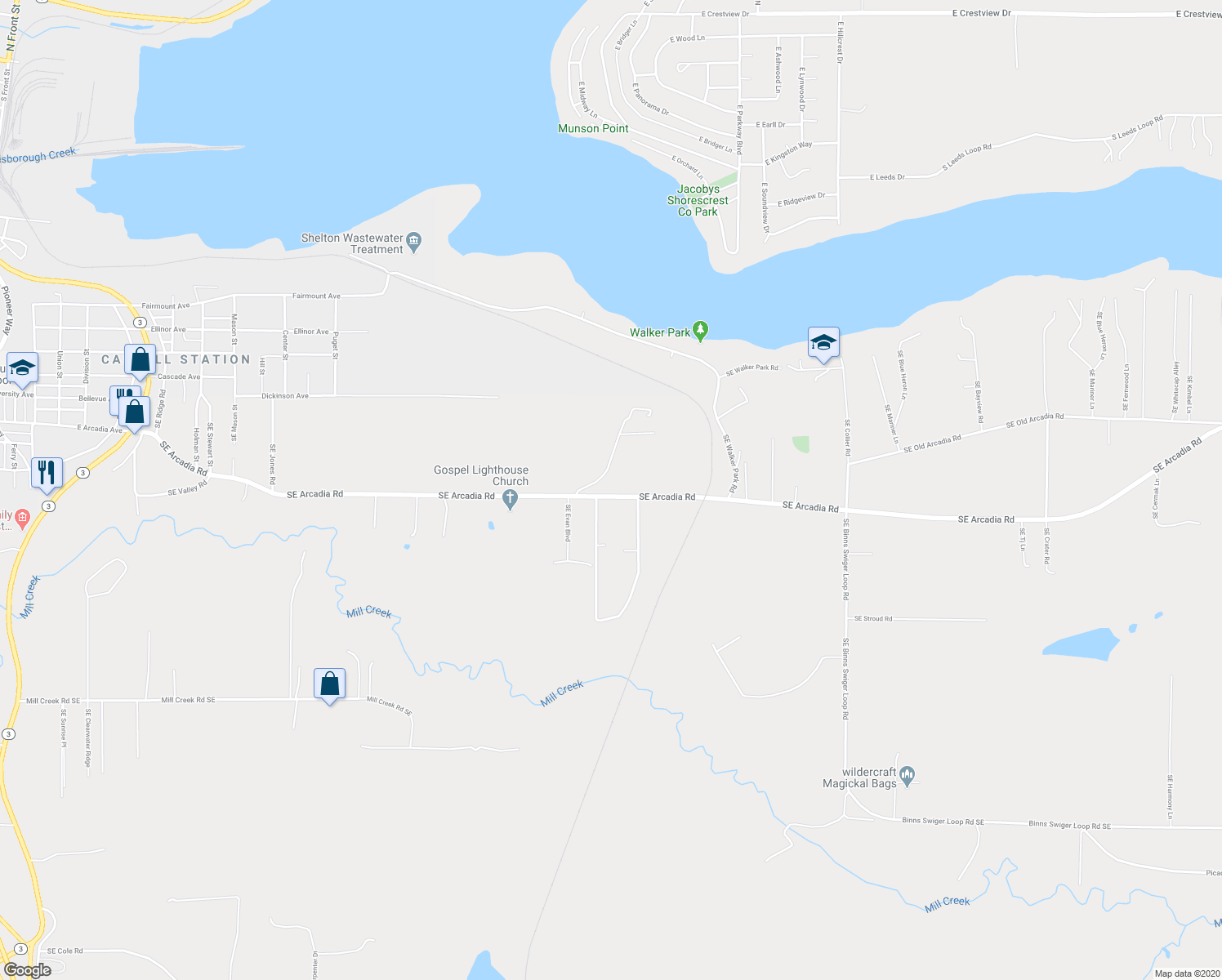 map of restaurants, bars, coffee shops, grocery stores, and more near 1261 Southeast Arcadia Road in Shelton