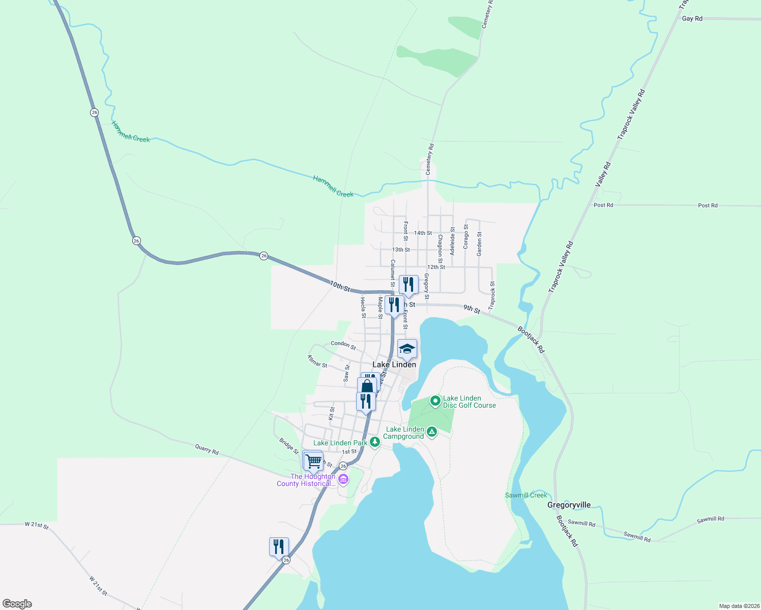 map of restaurants, bars, coffee shops, grocery stores, and more near 899 Maple Street in Lake Linden
