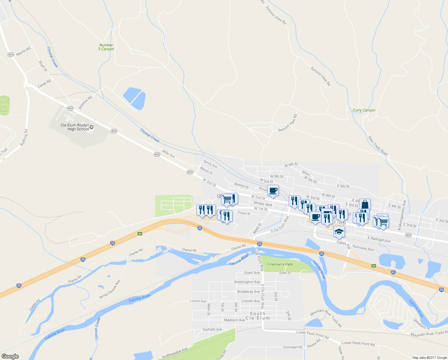 map of restaurants, bars, coffee shops, grocery stores, and more near 801 Roslyn Place in Cle Elum