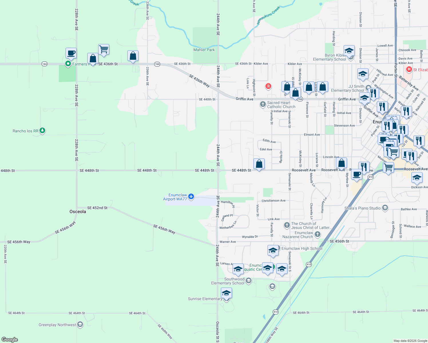 map of restaurants, bars, coffee shops, grocery stores, and more near 44807 244th Avenue Southeast in Enumclaw