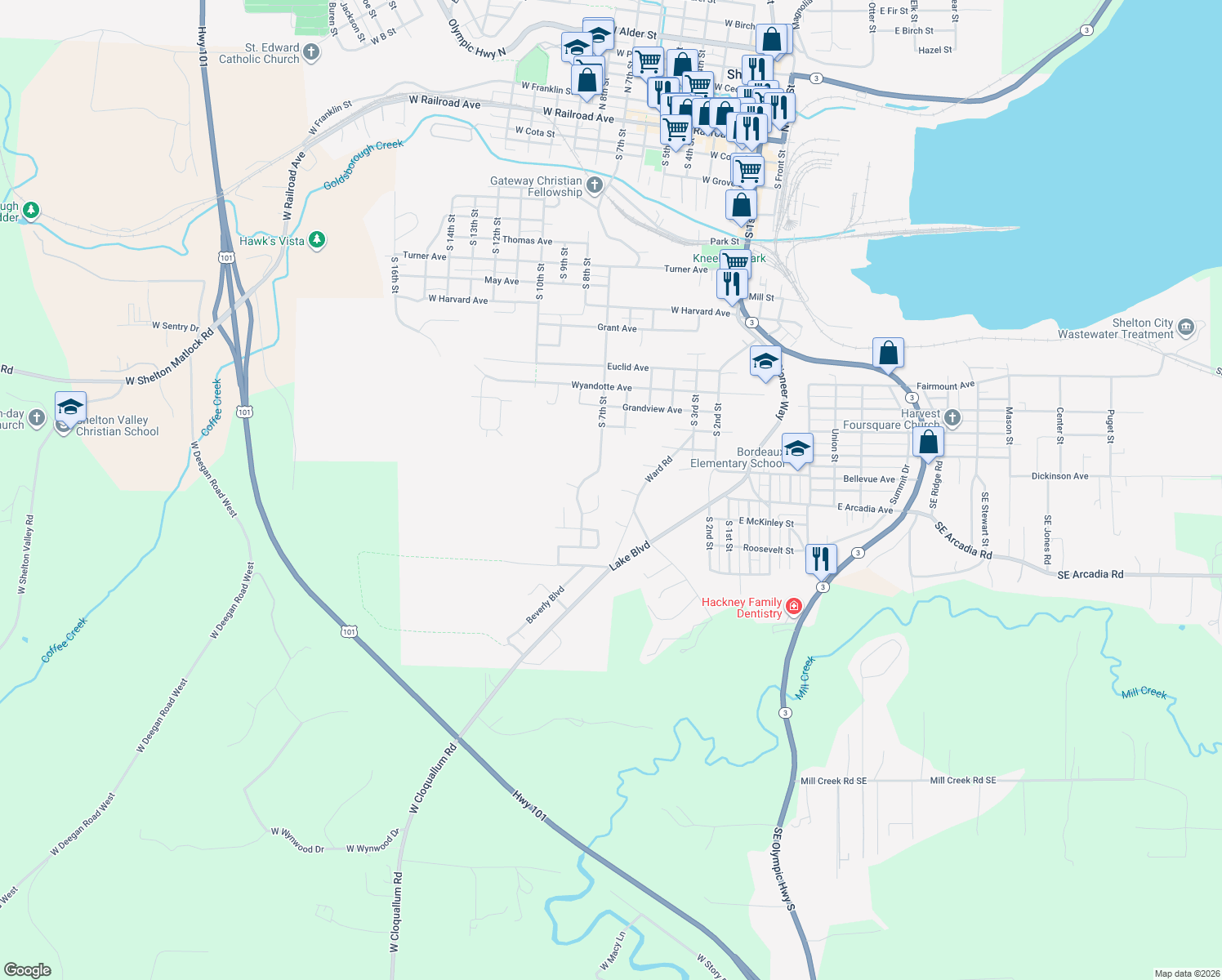 map of restaurants, bars, coffee shops, grocery stores, and more near 631 Firwood Court in Shelton