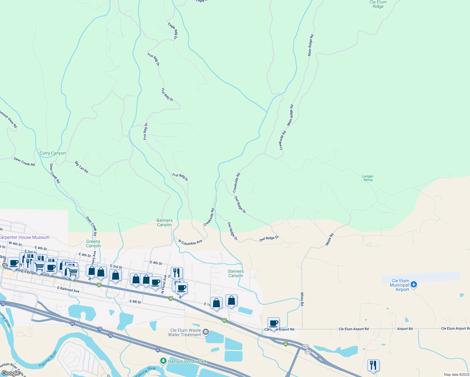 map of restaurants, bars, coffee shops, grocery stores, and more near Creekside Road in Cle Elum