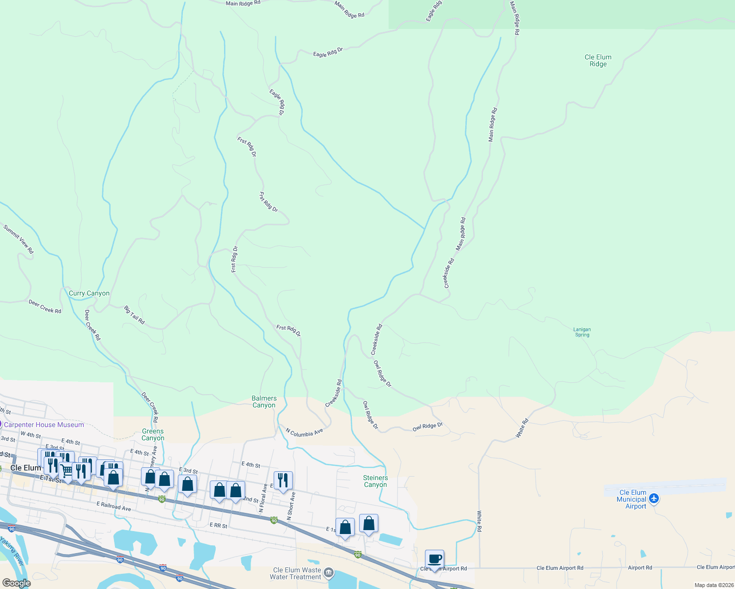 map of restaurants, bars, coffee shops, grocery stores, and more near 1651 Creekside Road in Cle Elum