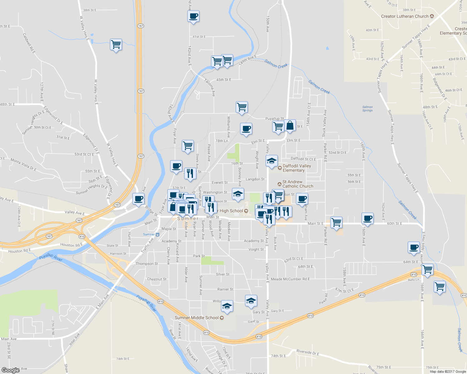 map of restaurants, bars, coffee shops, grocery stores, and more near 1612-1698 Everett Street in Sumner