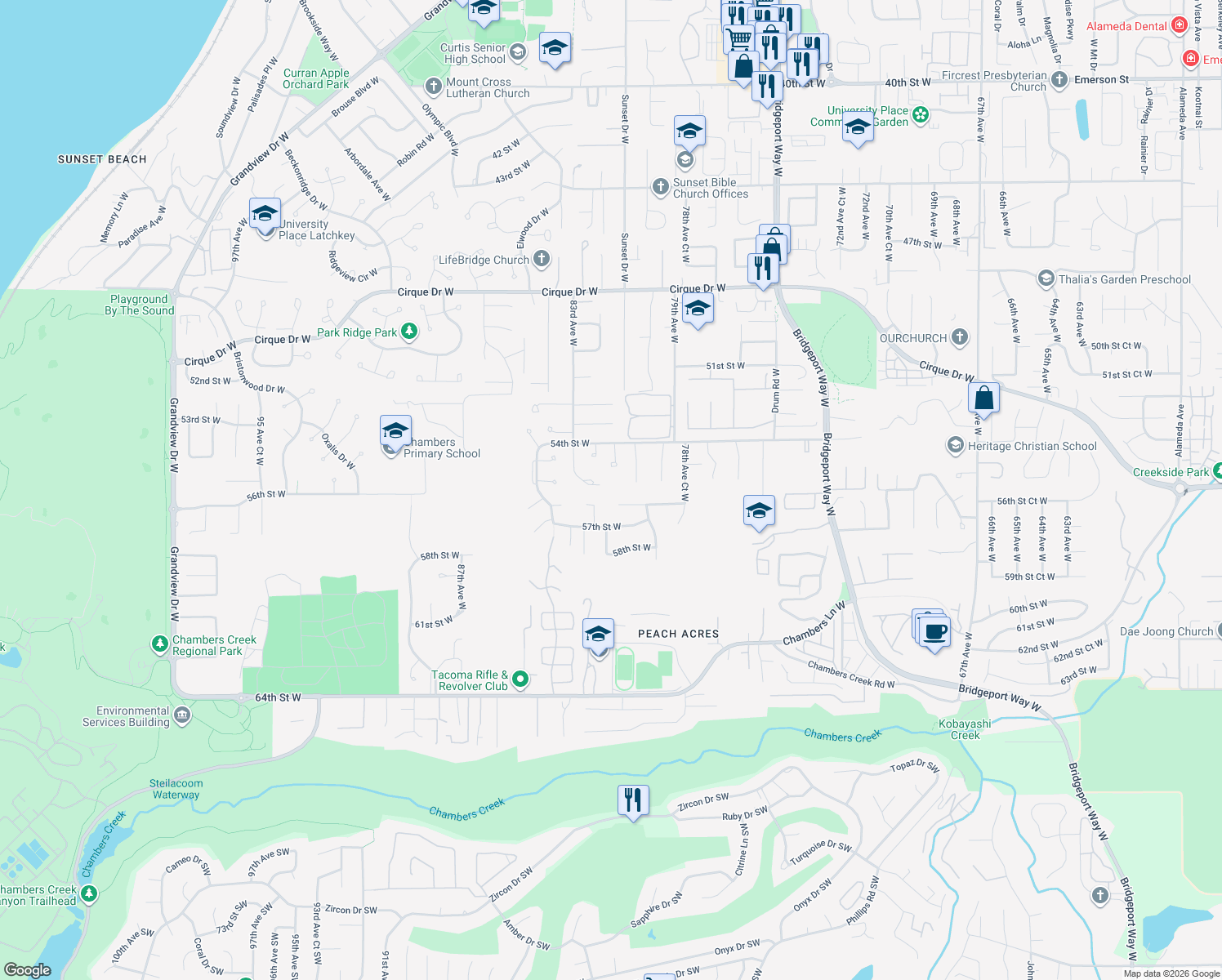map of restaurants, bars, coffee shops, grocery stores, and more near 5516 83rd Avenue West in Tacoma