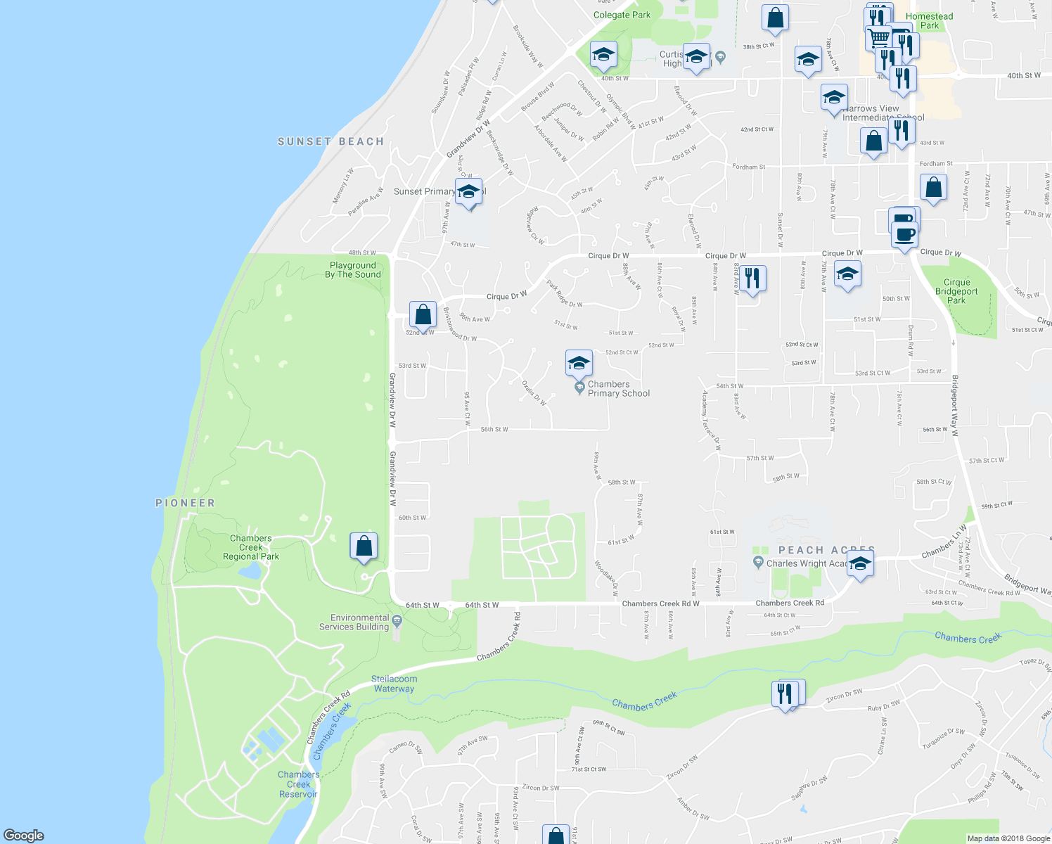 map of restaurants, bars, coffee shops, grocery stores, and more near 5516 Chokecherry Circle West in University Place