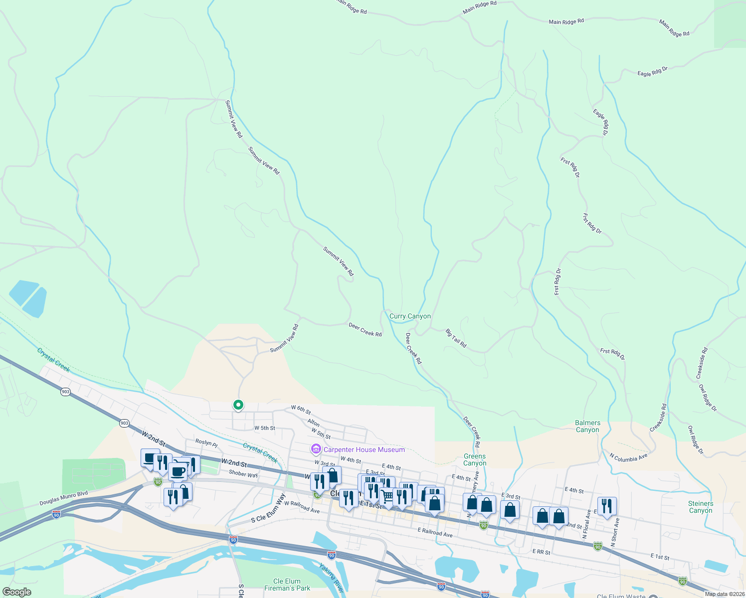 map of restaurants, bars, coffee shops, grocery stores, and more near 1571 Summit View Road in Cle Elum