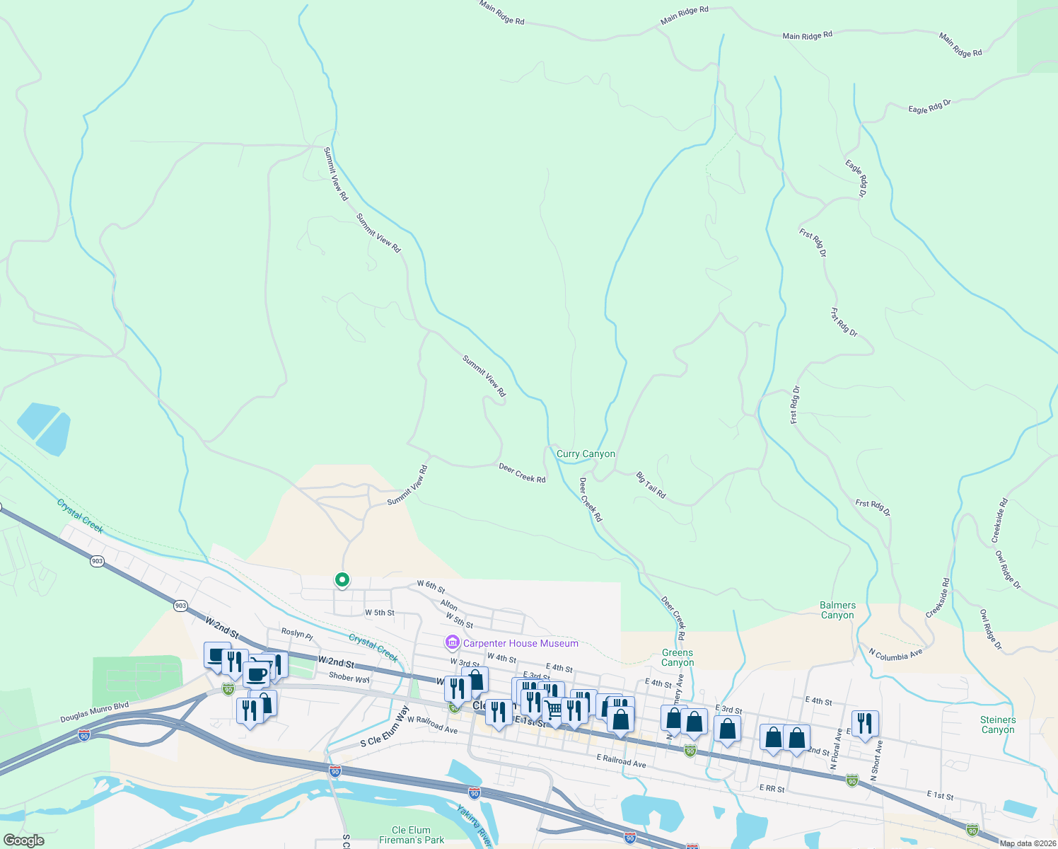 map of restaurants, bars, coffee shops, grocery stores, and more near 1571 Summit View Road in Cle Elum