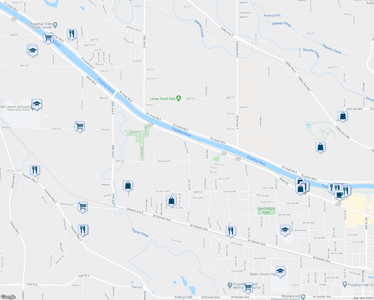 map of restaurants, bars, coffee shops, grocery stores, and more near 5412 76th Avenue East in Puyallup